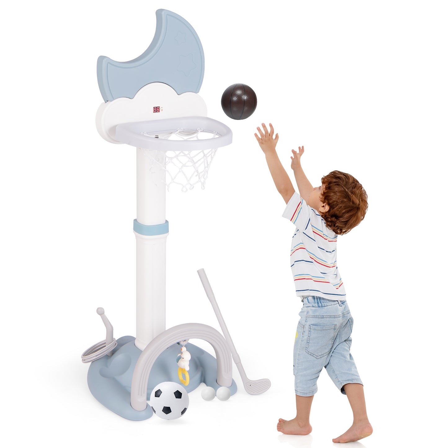 4-In-1 Kids Basketball Hoop, Moon-Shaped Electronic Scoreboard Play Set, Blue