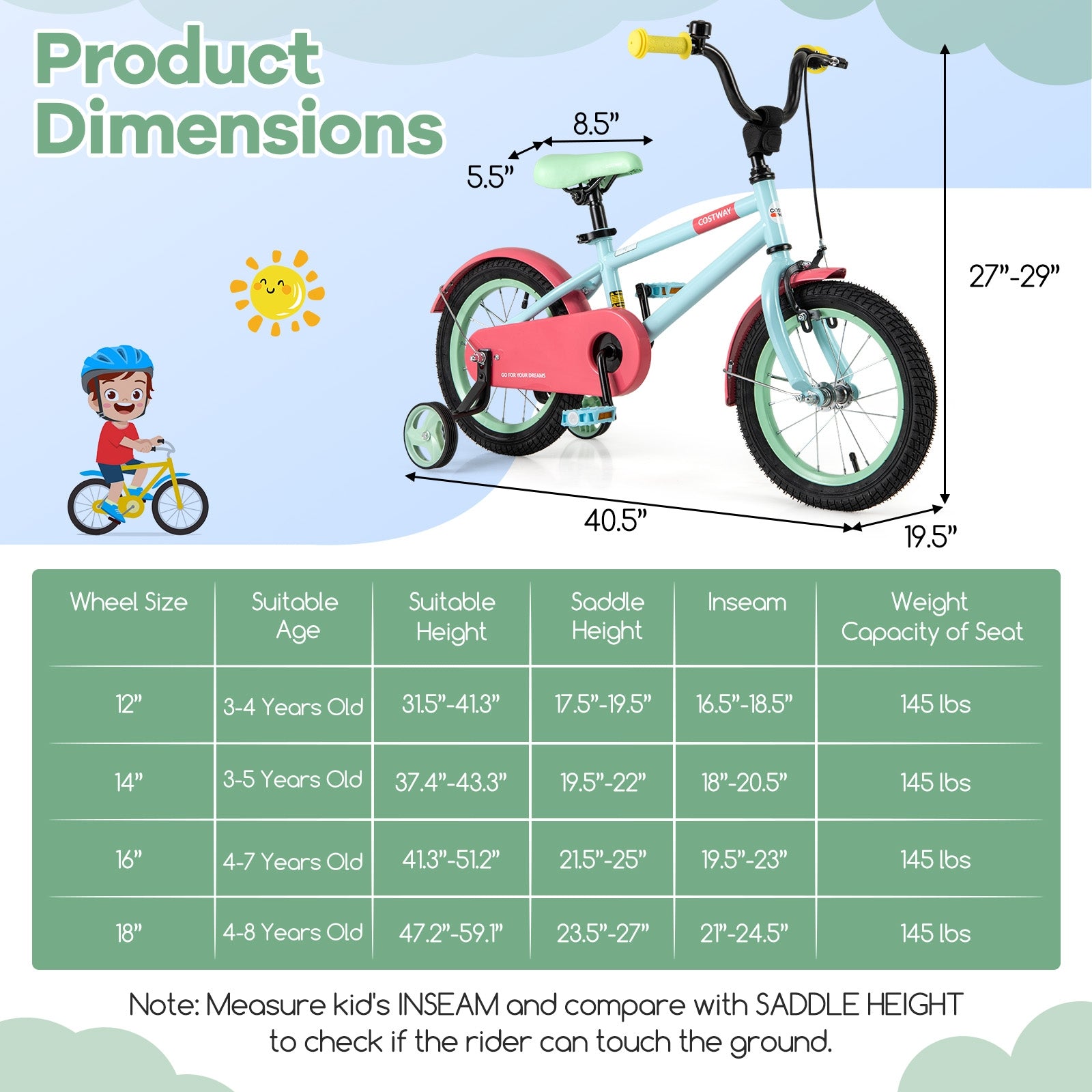 Kids Bike with Adjustable Handlebar and Saddle Blue-14 inches, Blue Kids Bike at Gallery Canada