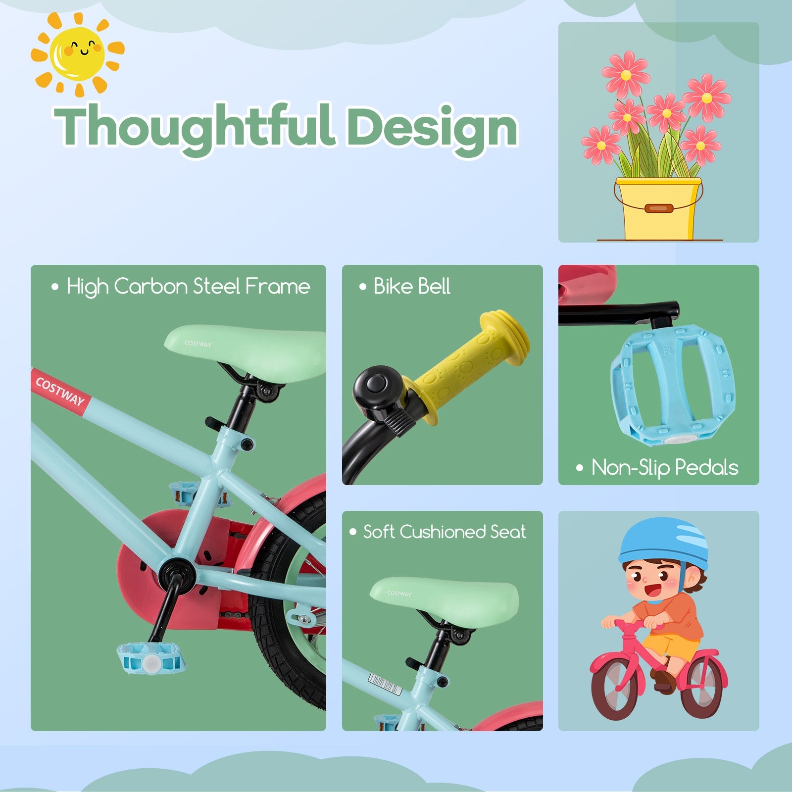 Kids Bike with Adjustable Handlebar and Saddle Blue-14 inches, Blue Kids Bike at Gallery Canada