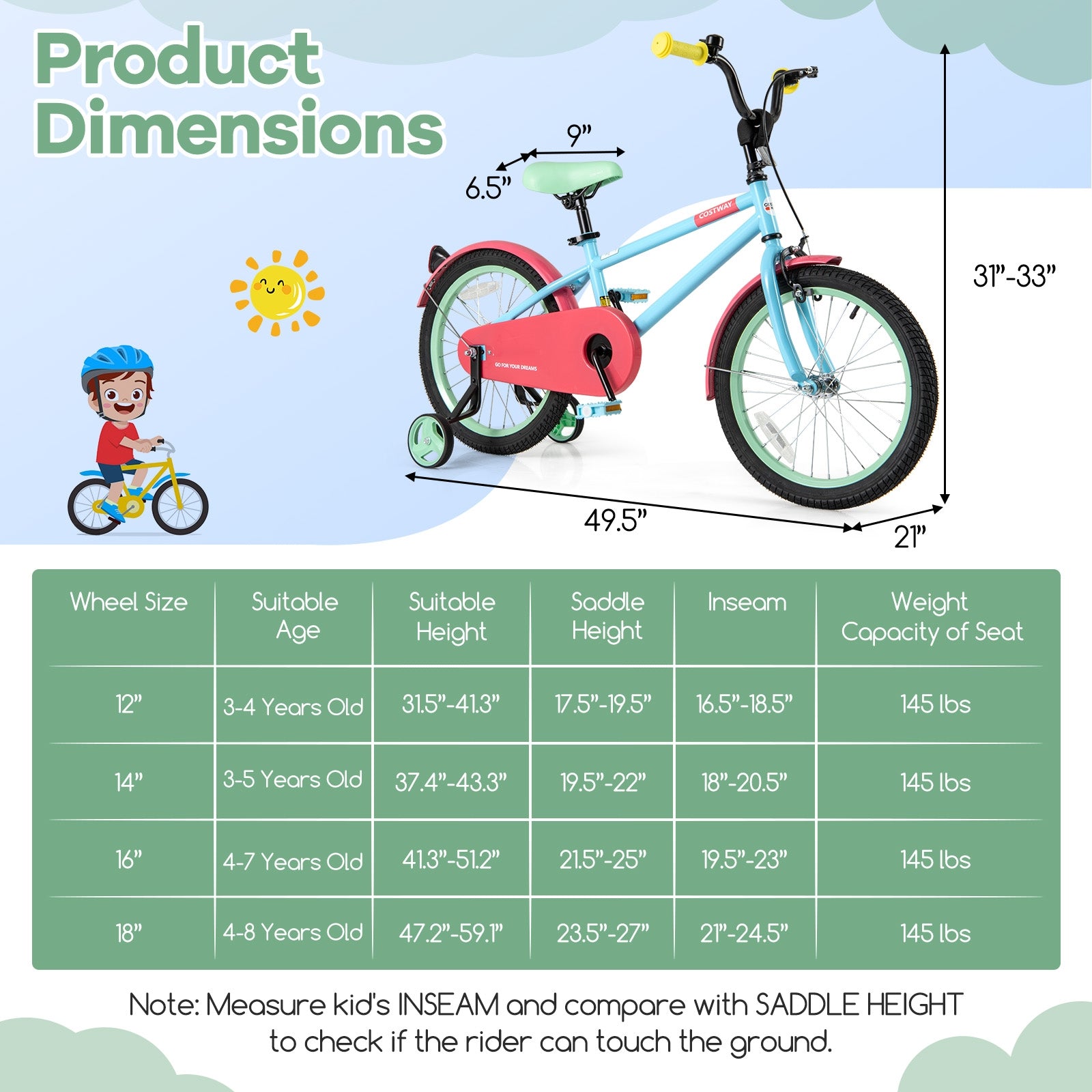 Kids Bike with Adjustable Handlebar and Saddle Blue-18 inches, Blue Kids Bike at Gallery Canada