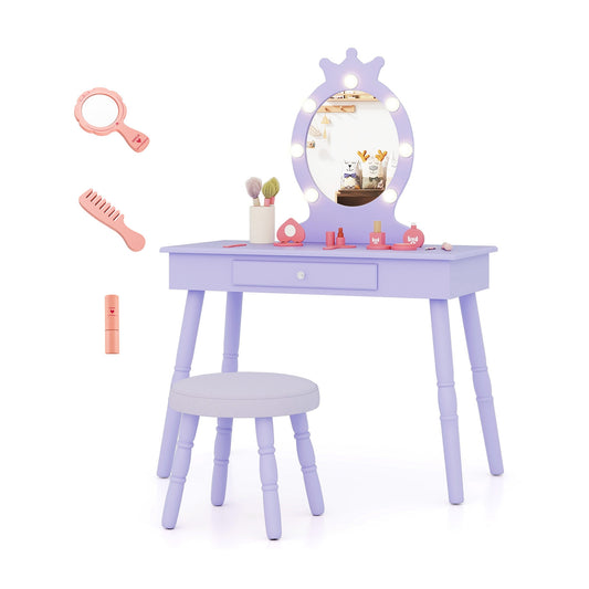 Kids Vanity Set with Lighted Mirror with Adjustable Brightness and Large Drawer, Purple Kids Vanities Purple at Gallery Canada