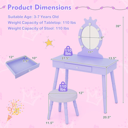 Kids Vanity Set with Lighted Mirror with Adjustable Brightness and Large Drawer, Purple Kids Vanities at Gallery Canada