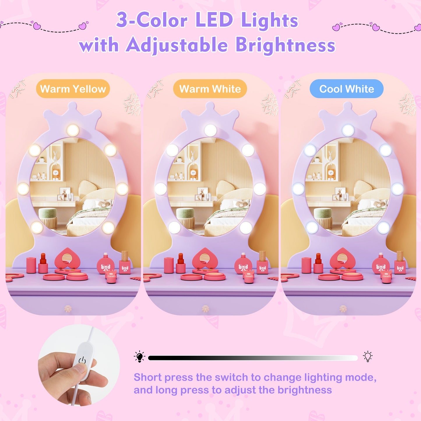 Kids Vanity Set with Lighted Mirror with Adjustable Brightness and Large Drawer, Purple Kids Vanities at Gallery Canada