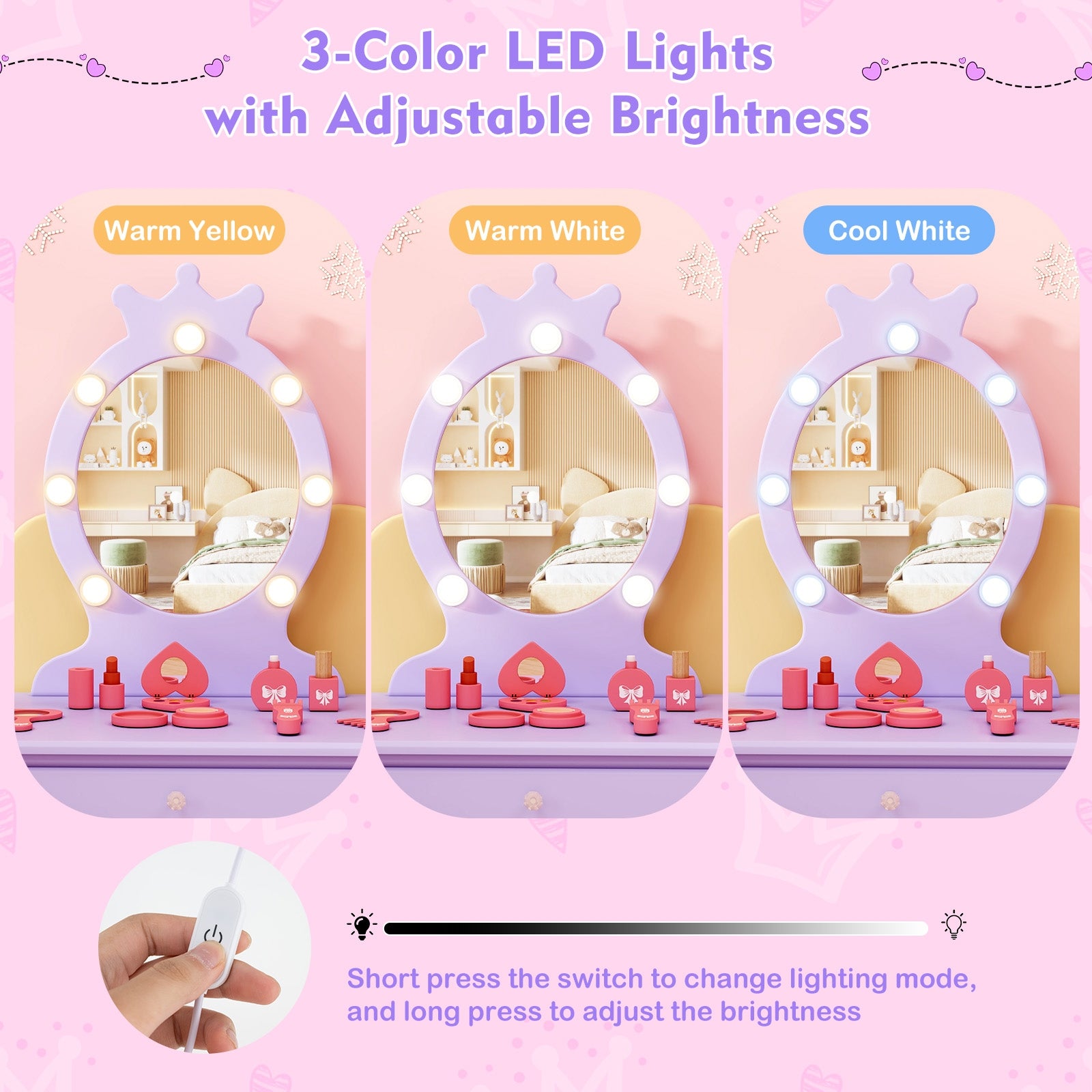 Kids Vanity Set with Lighted Mirror with Adjustable Brightness and Large Drawer, Purple Kids Vanities at Gallery Canada