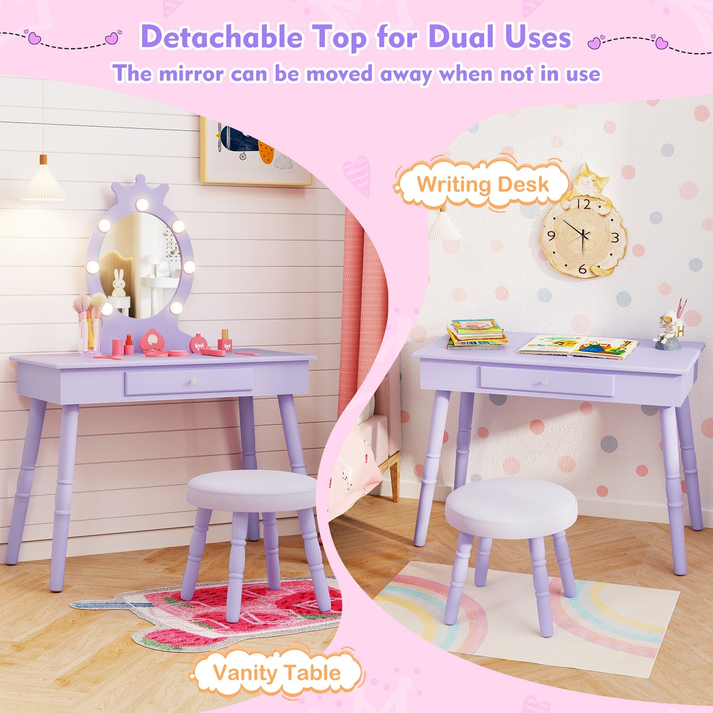 Kids Vanity Set with Lighted Mirror with Adjustable Brightness and Large Drawer, Purple Kids Vanities at Gallery Canada