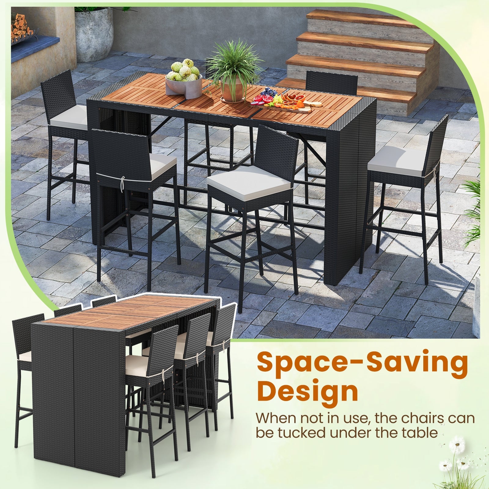 7 Pieces Patio Rattan Bar Set with Seat Cushions for Porch Yard Garden Patio Bar Furniture at Gallery Canada