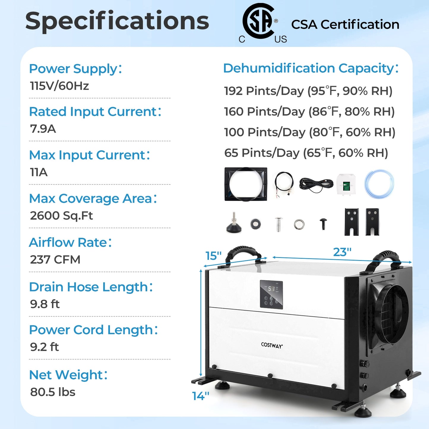 192 Pint Crawl Space Dehumidifier with 3 Modes and 24H Timer, White Dehumidifiers at Gallery Canada