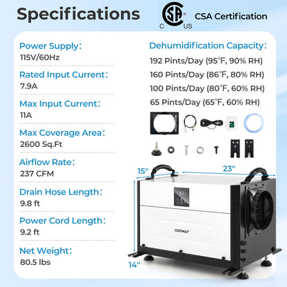 192 Pint Crawl Space Dehumidifier with 3 Modes and 24H Timer, White Dehumidifiers at Gallery Canada