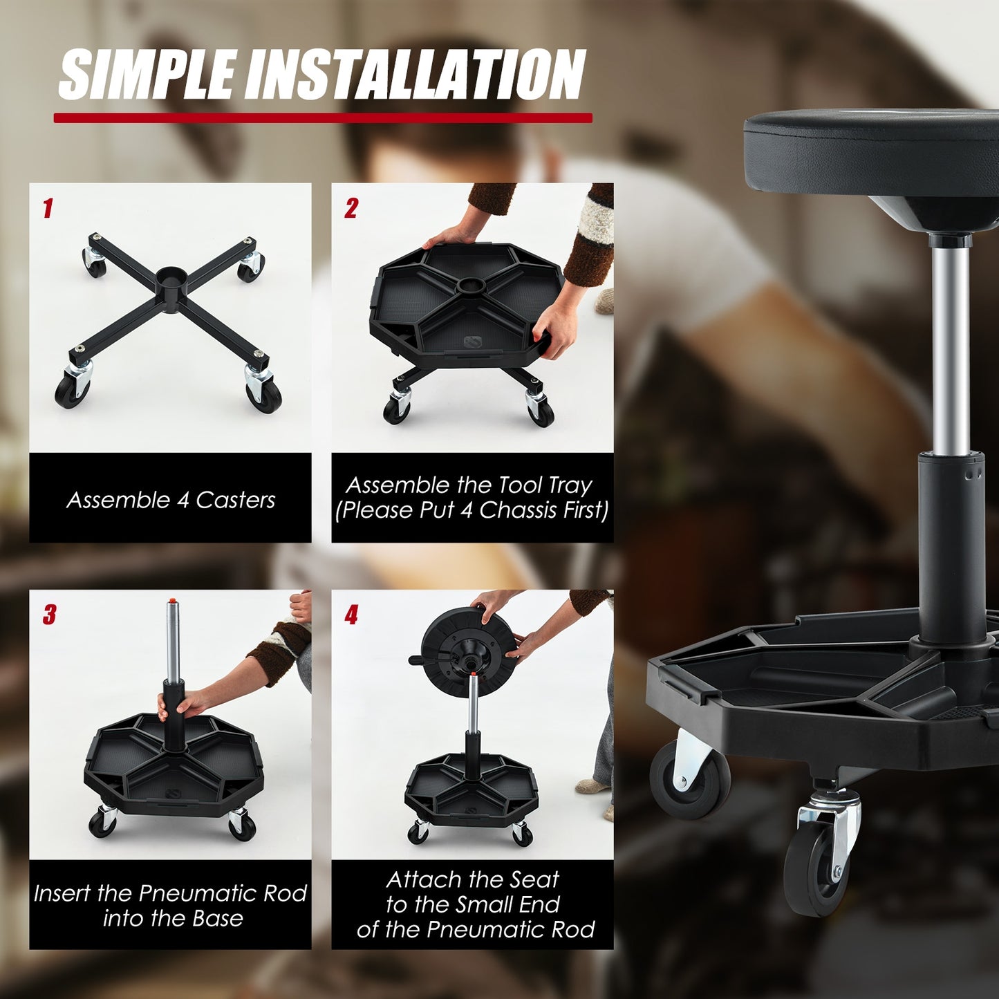 330 LBS Capacity Pneumatic Rolling Mechanic Stool with Padded Seat, Black Garages at Gallery Canada