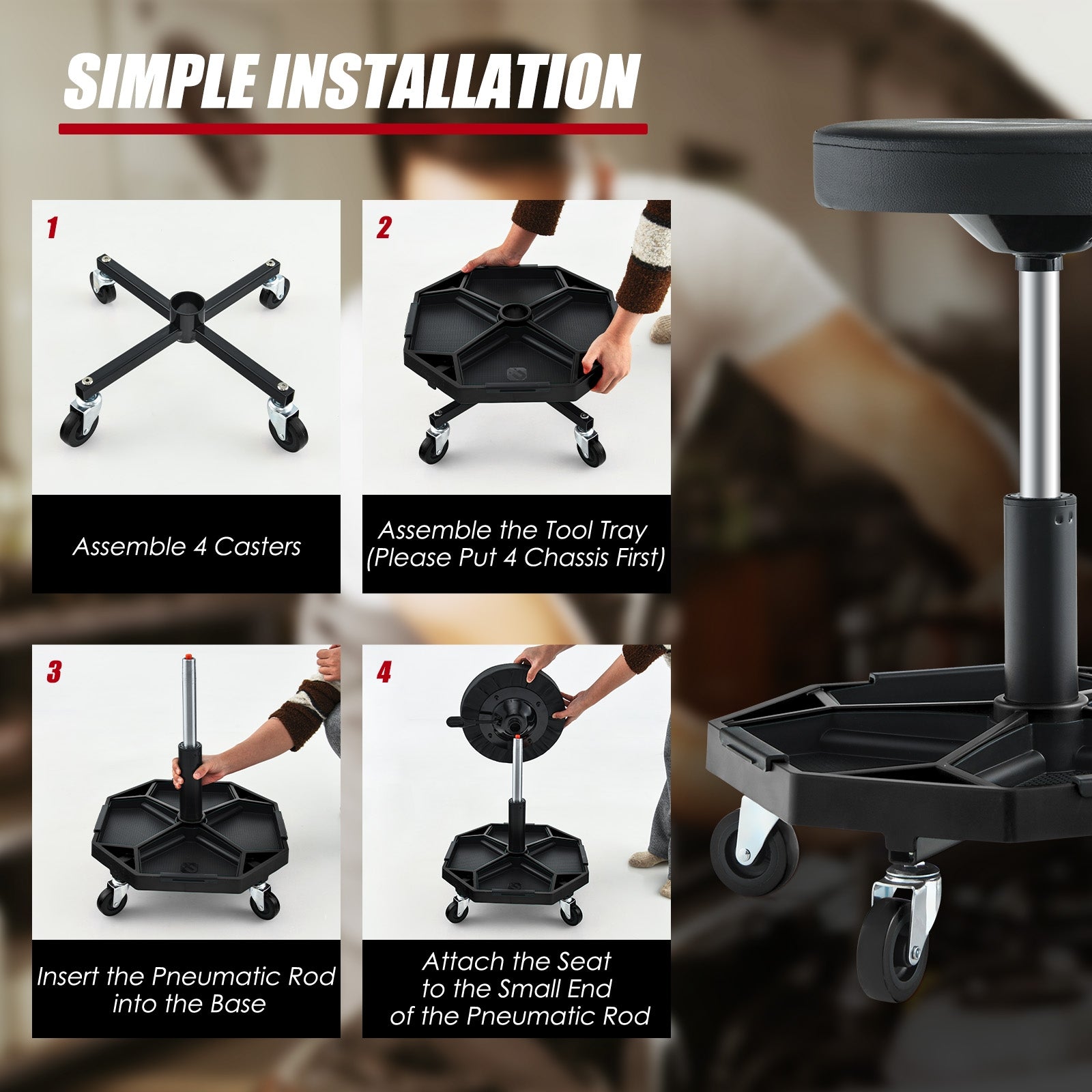 330 LBS Capacity Pneumatic Rolling Mechanic Stool with Padded Seat, Black Garages at Gallery Canada