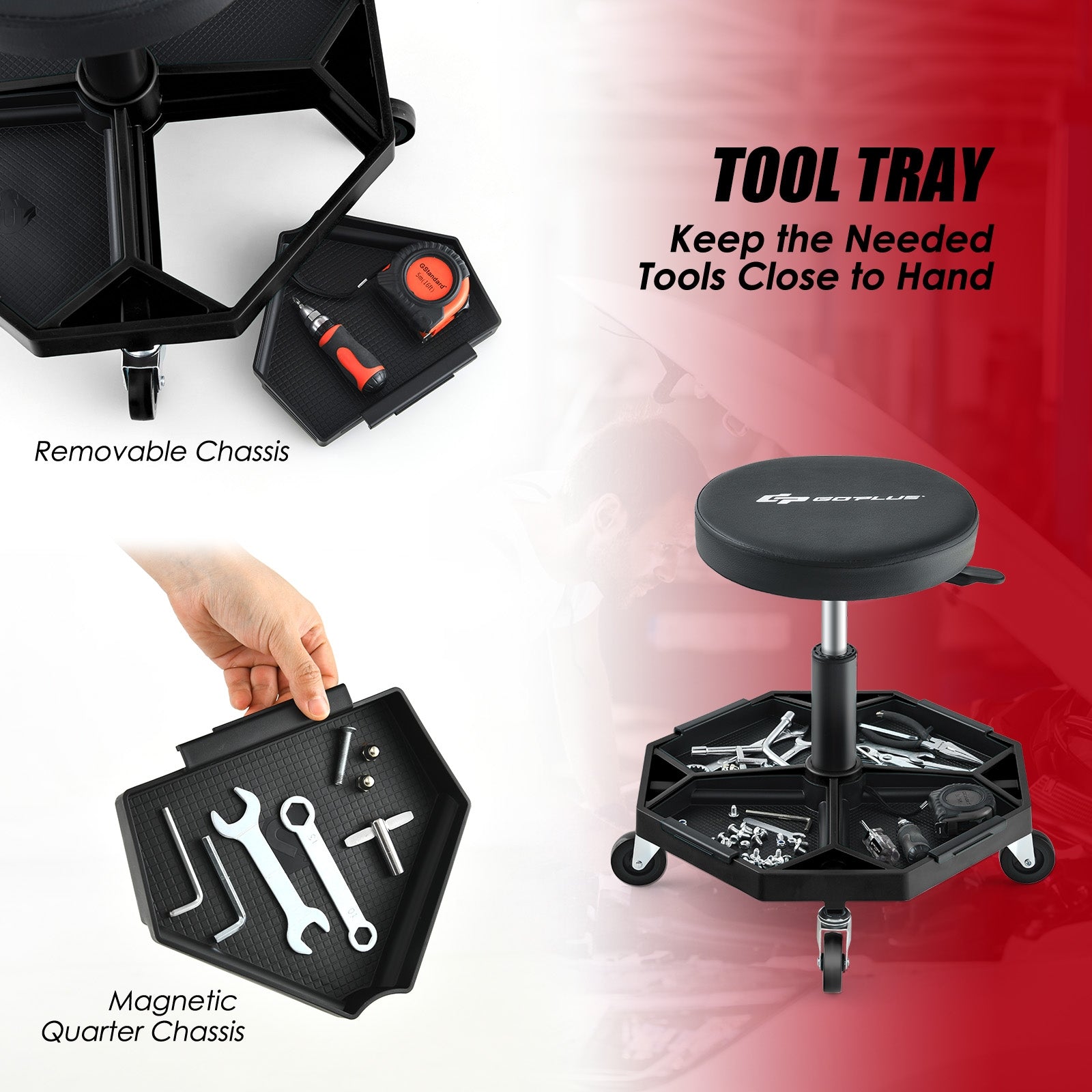 330 LBS Capacity Pneumatic Rolling Mechanic Stool with Padded Seat, Black Garages at Gallery Canada