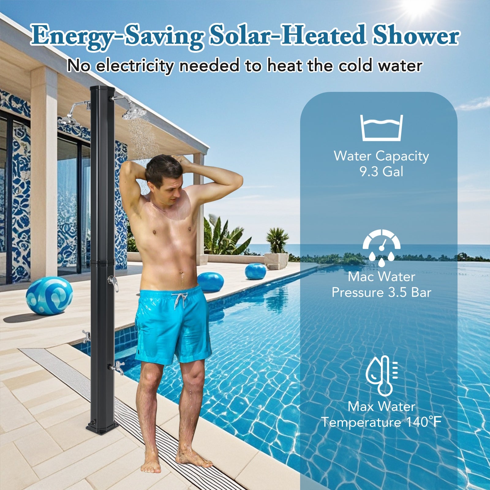 9.3 Gallon Solar Heated Outdoor Shower with Dual Shower Heads, Black Portable Toilets & Showers at Gallery Canada