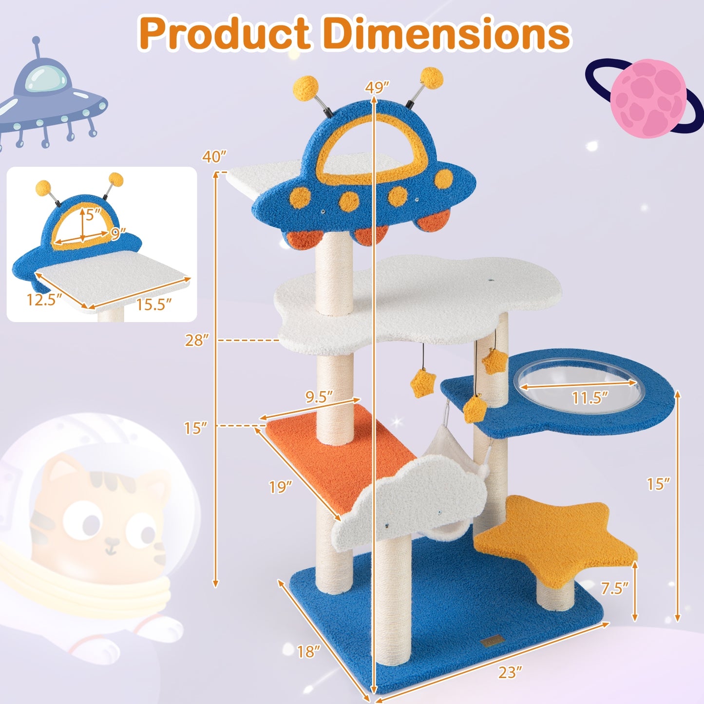 49 Inches Tall Cat Tree with UFO Top Perch Space Capsule and Sisal Scratching Posts, Blue Cat Trees Condos & Scratchers at Gallery Canada