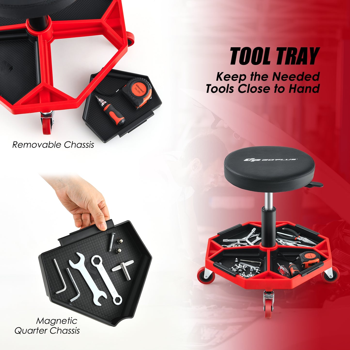 330 LBS Capacity Pneumatic Rolling Mechanic Stool with Padded Seat, Red Garages at Gallery Canada