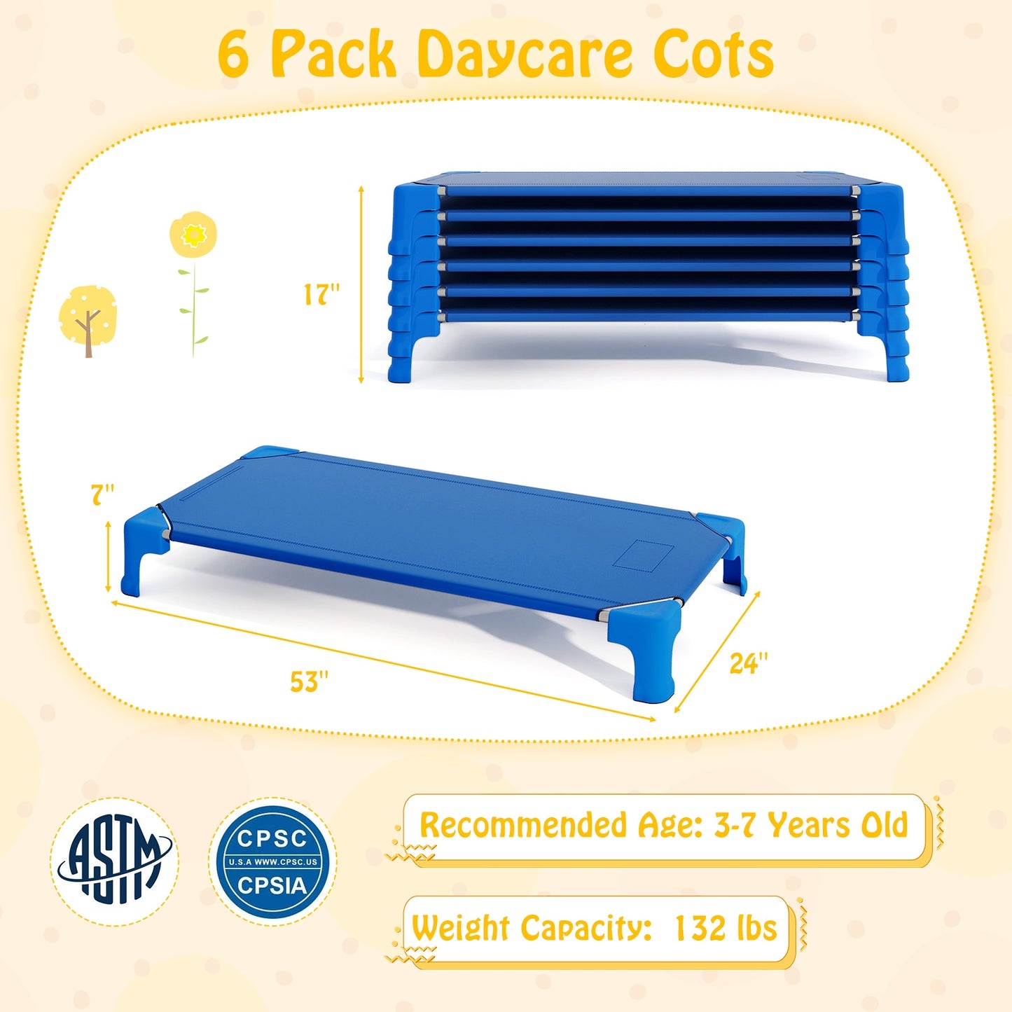 Portable 6 Pack Stackable Daycare Cots Sleeping Bed for Kids 53 Inch, Blue Toddler Beds at Gallery Canada