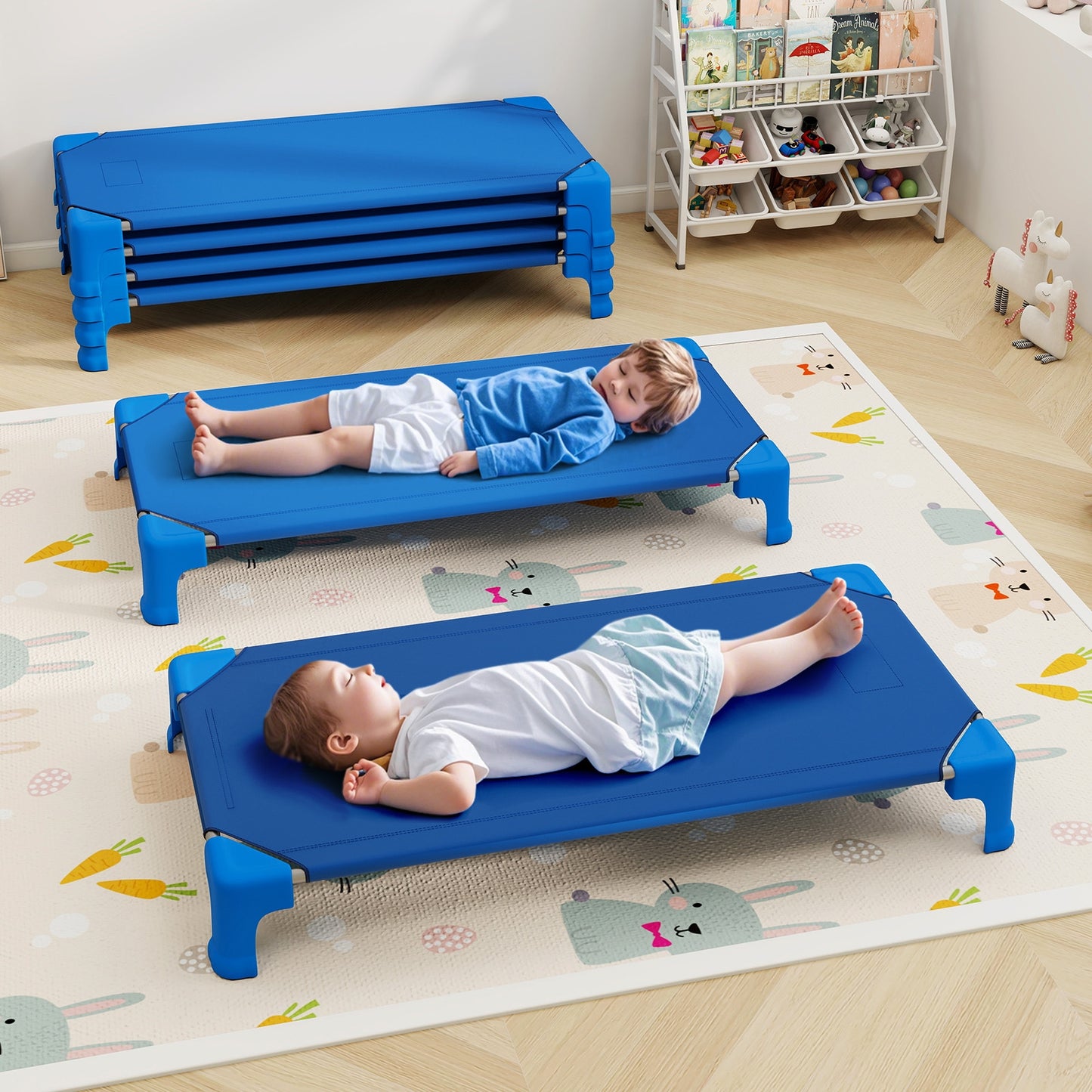 Portable 6 Pack Stackable Daycare Cots Sleeping Bed for Kids 53 Inch, Blue Toddler Beds at Gallery Canada
