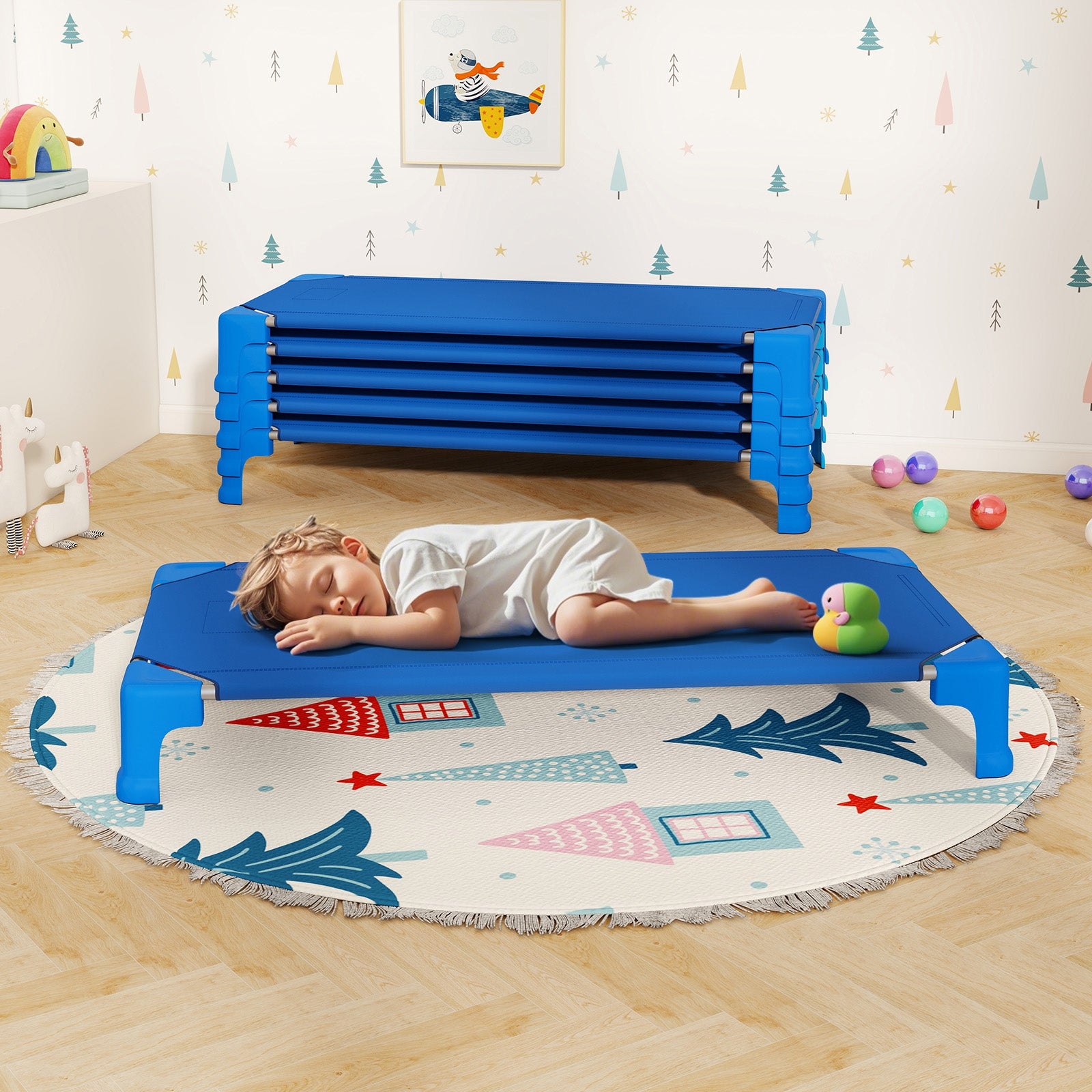 Portable 6 Pack Stackable Daycare Cots Sleeping Bed for Kids 53 Inch, Blue Toddler Beds at Gallery Canada