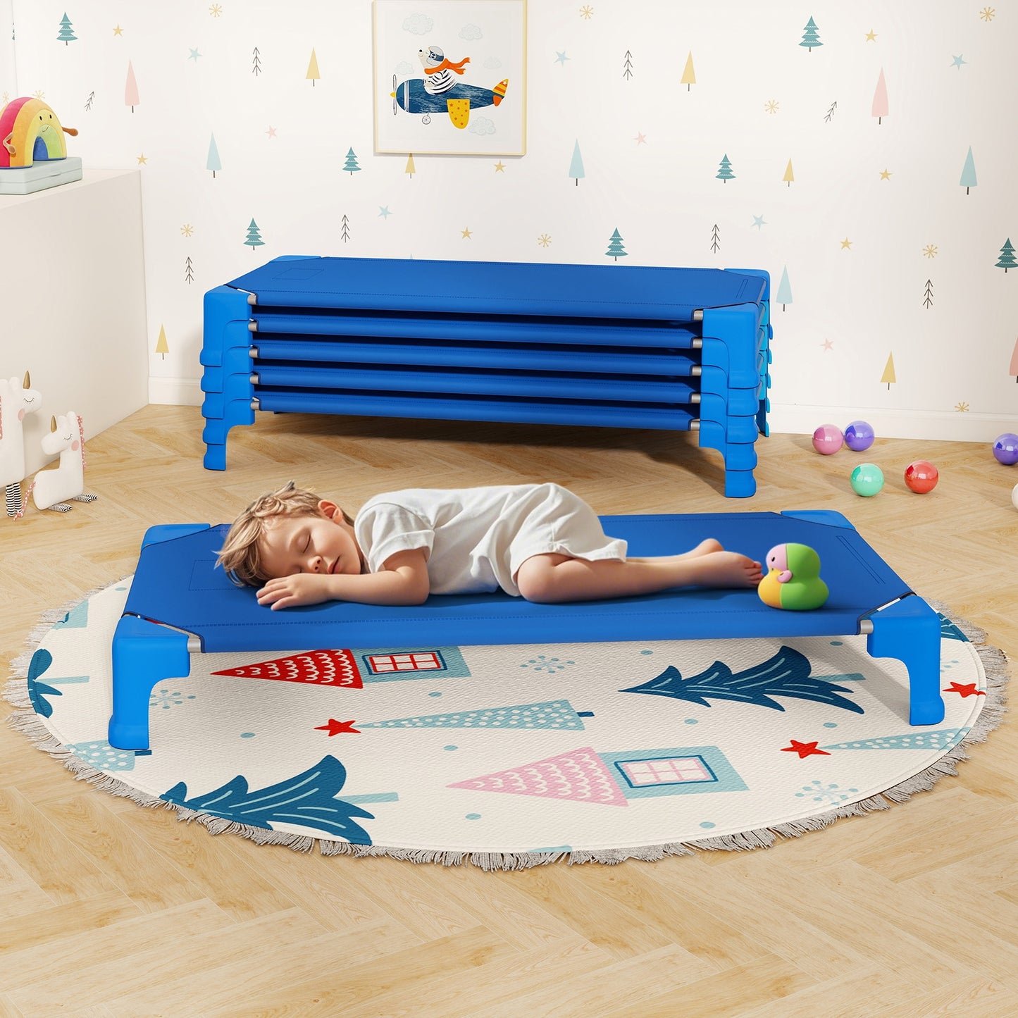 Portable 6 Pack Stackable Daycare Cots Sleeping Bed for Kids 53 Inch, Blue Toddler Beds at Gallery Canada