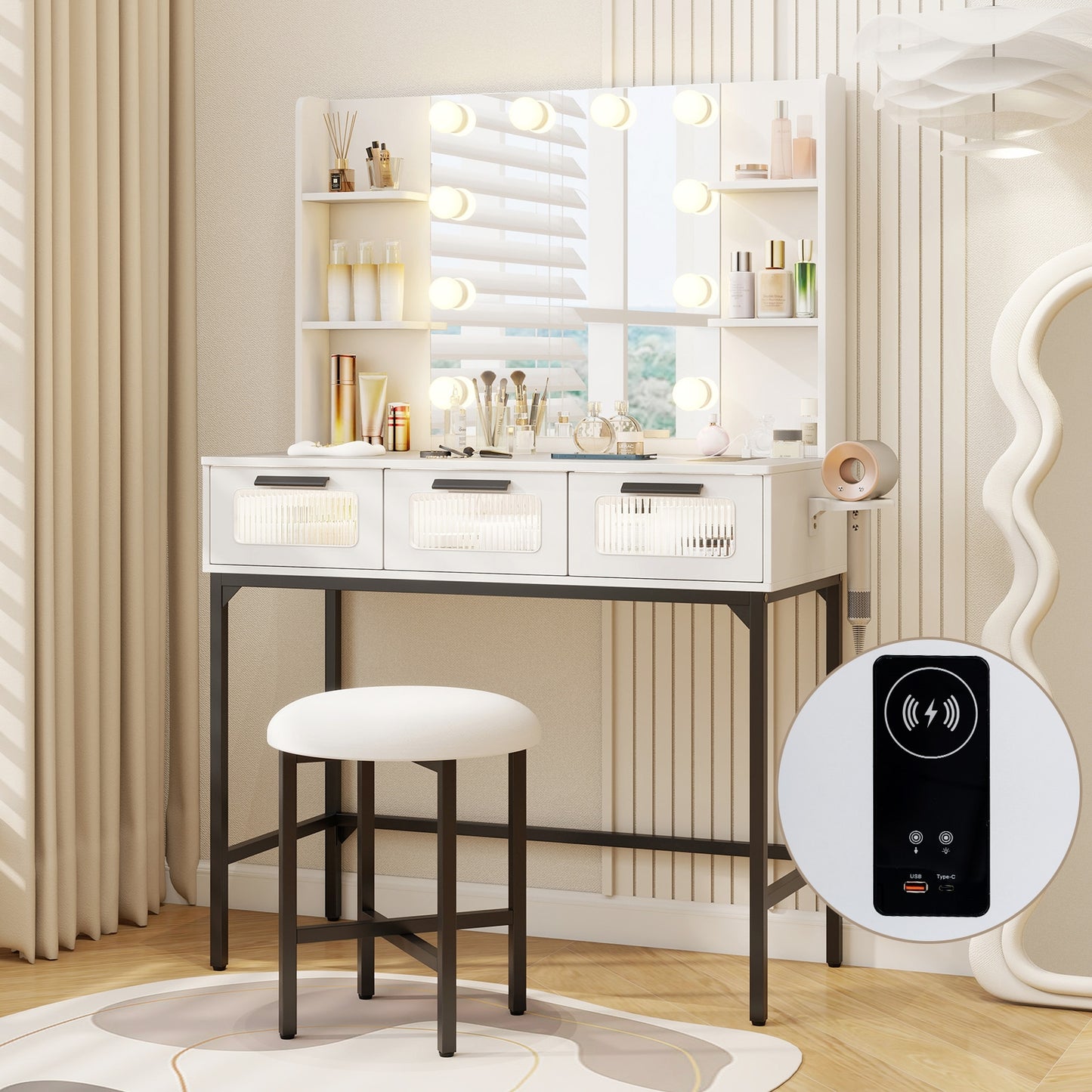 Bedroom Makeup Vanity Desk with Hollywood Mirror and Lights, White Makeup Vanities at Gallery Canada