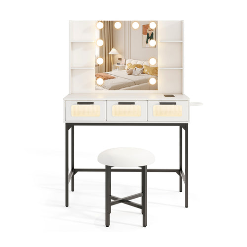 Bedroom Makeup Vanity Desk with Hollywood Mirror and Lights, White