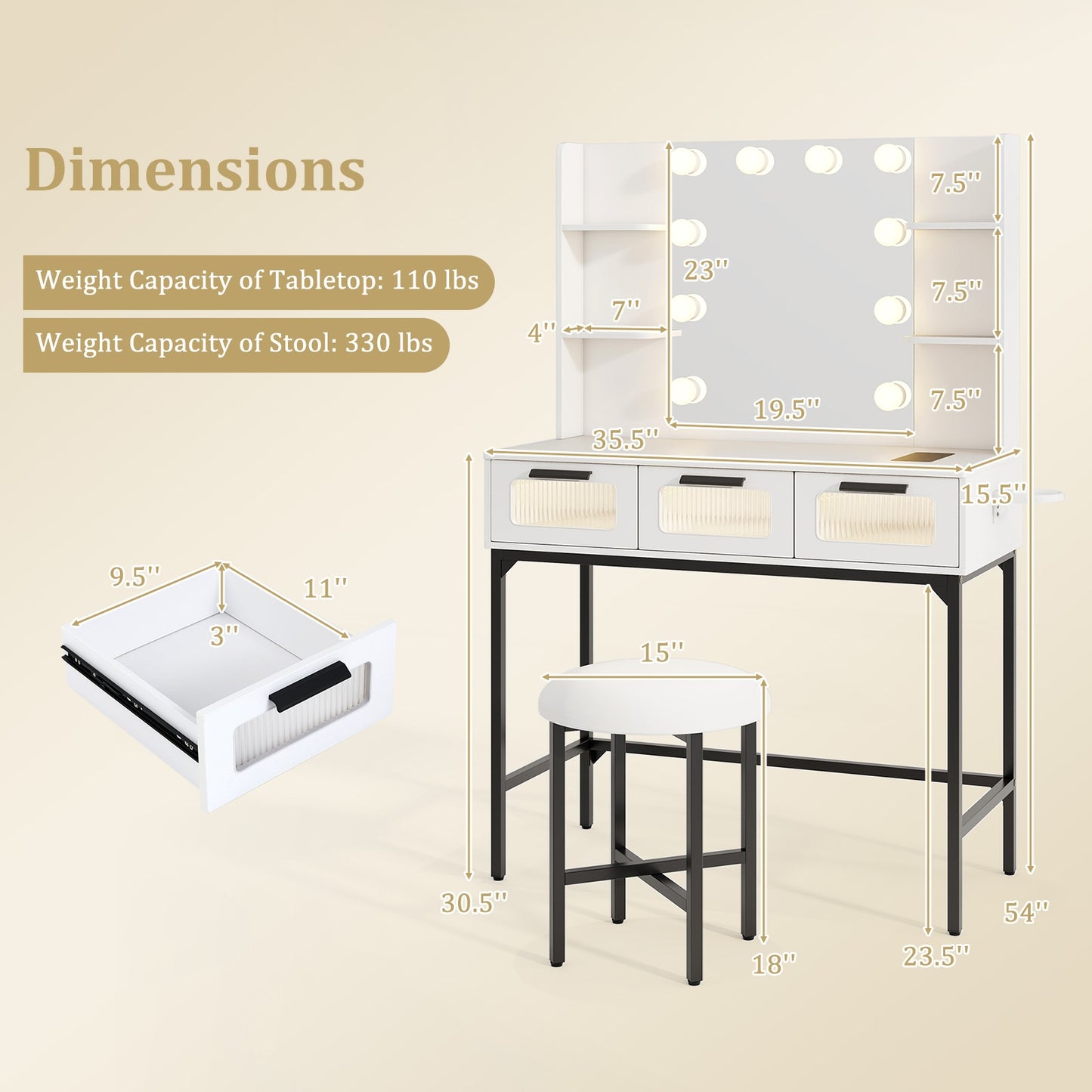 Bedroom Makeup Vanity Desk with Hollywood Mirror and Lights, White Makeup Vanities at Gallery Canada