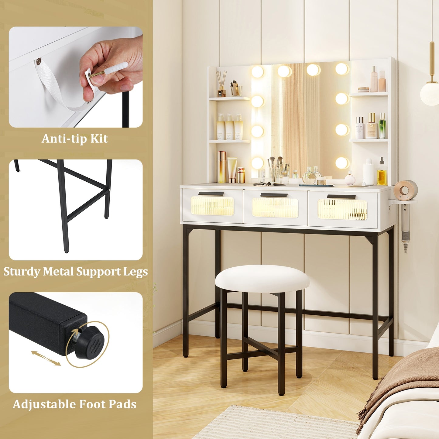 Bedroom Makeup Vanity Desk with Hollywood Mirror and Lights, White Makeup Vanities at Gallery Canada