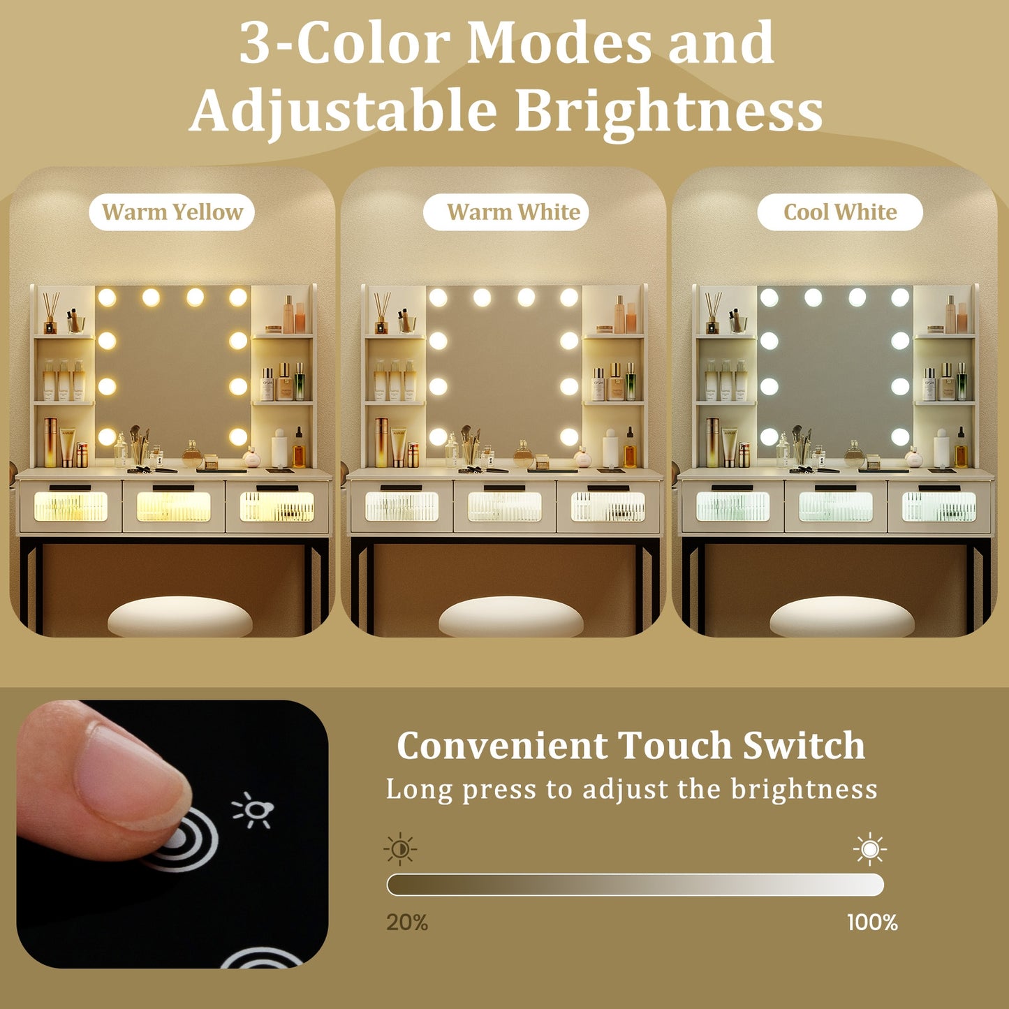 Bedroom Makeup Vanity Desk with Hollywood Mirror and Lights, White Makeup Vanities at Gallery Canada