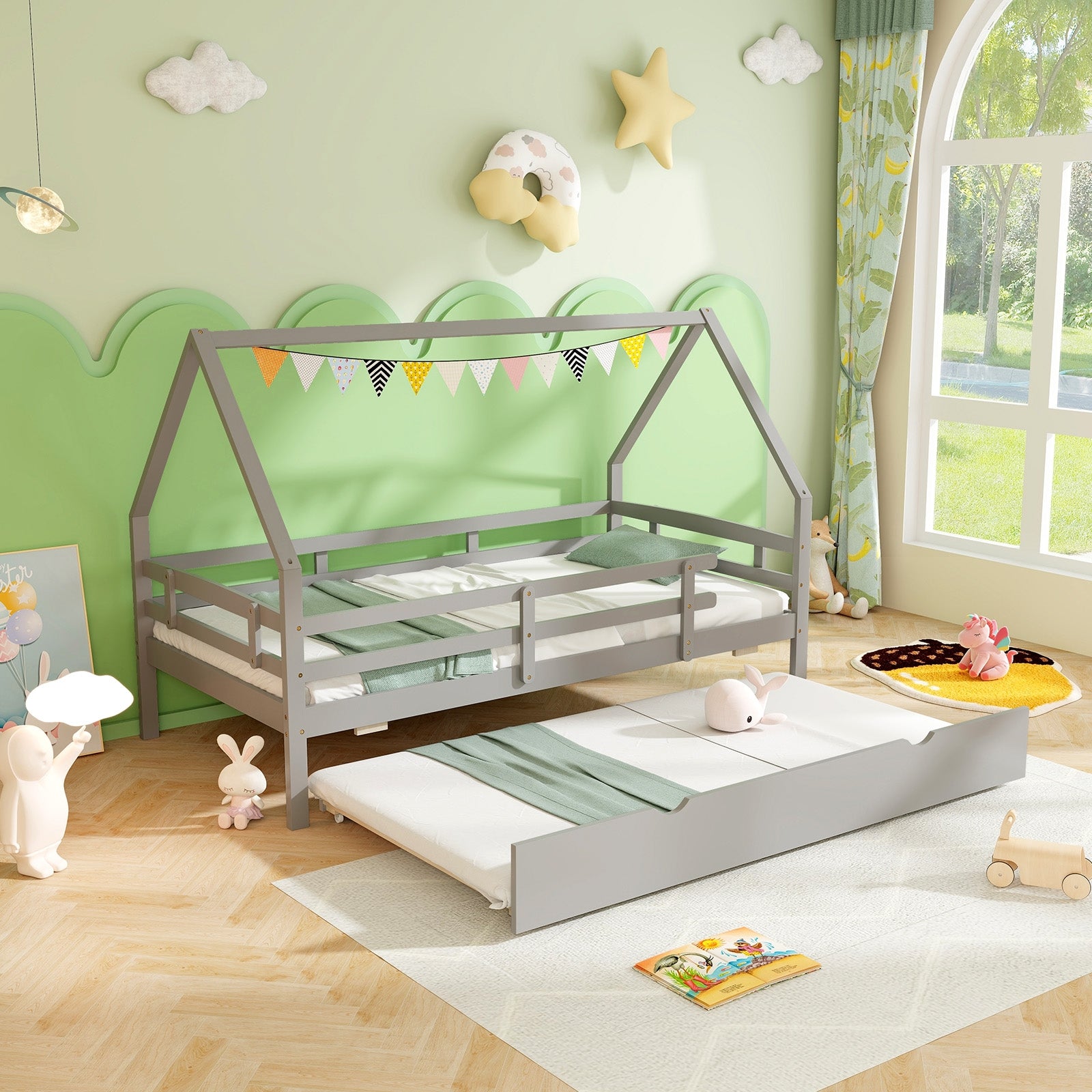 Twin House Bed with Trundle and Fence Rail, Gray Trundle Bed Frame at Gallery Canada