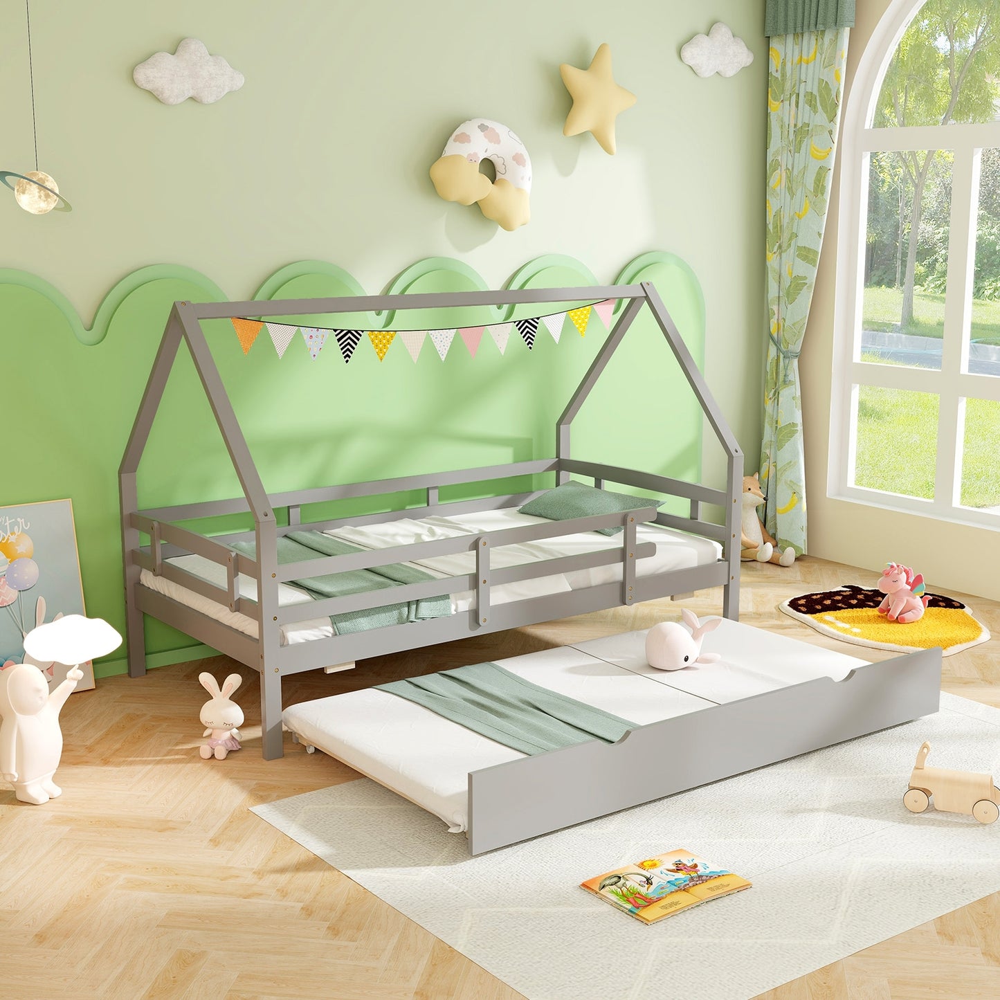 Twin House Bed with Trundle and Fence Rail, Gray Trundle Bed Frame at Gallery Canada