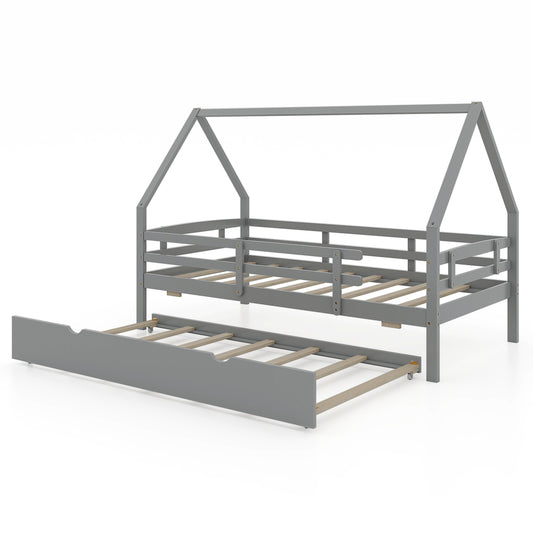 Twin House Bed With Trundle And Fence Rail, Gray Trundle Bed Frame Gray at Gallery Canada