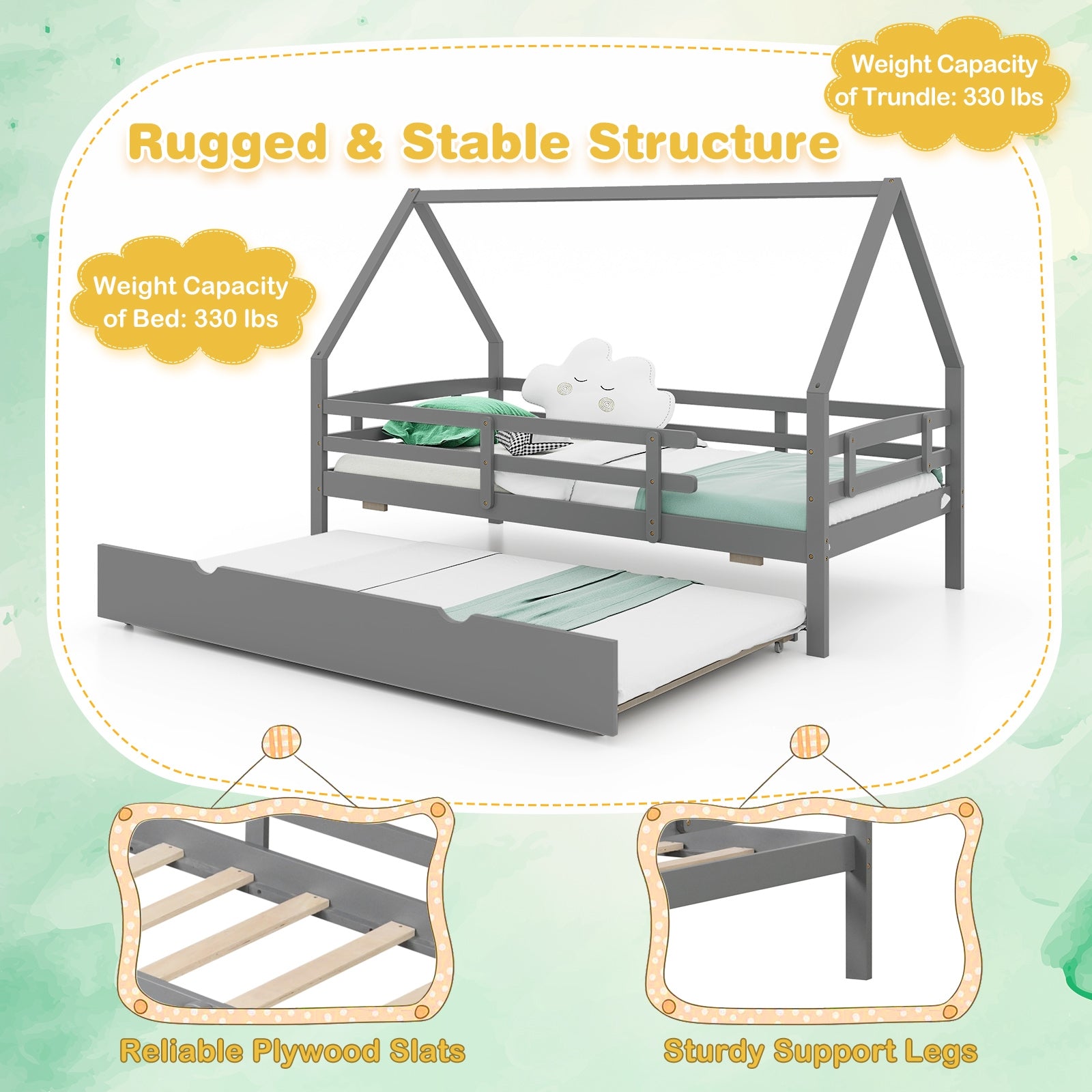 Twin House Bed with Trundle and Fence Rail, Gray Trundle Bed Frame at Gallery Canada