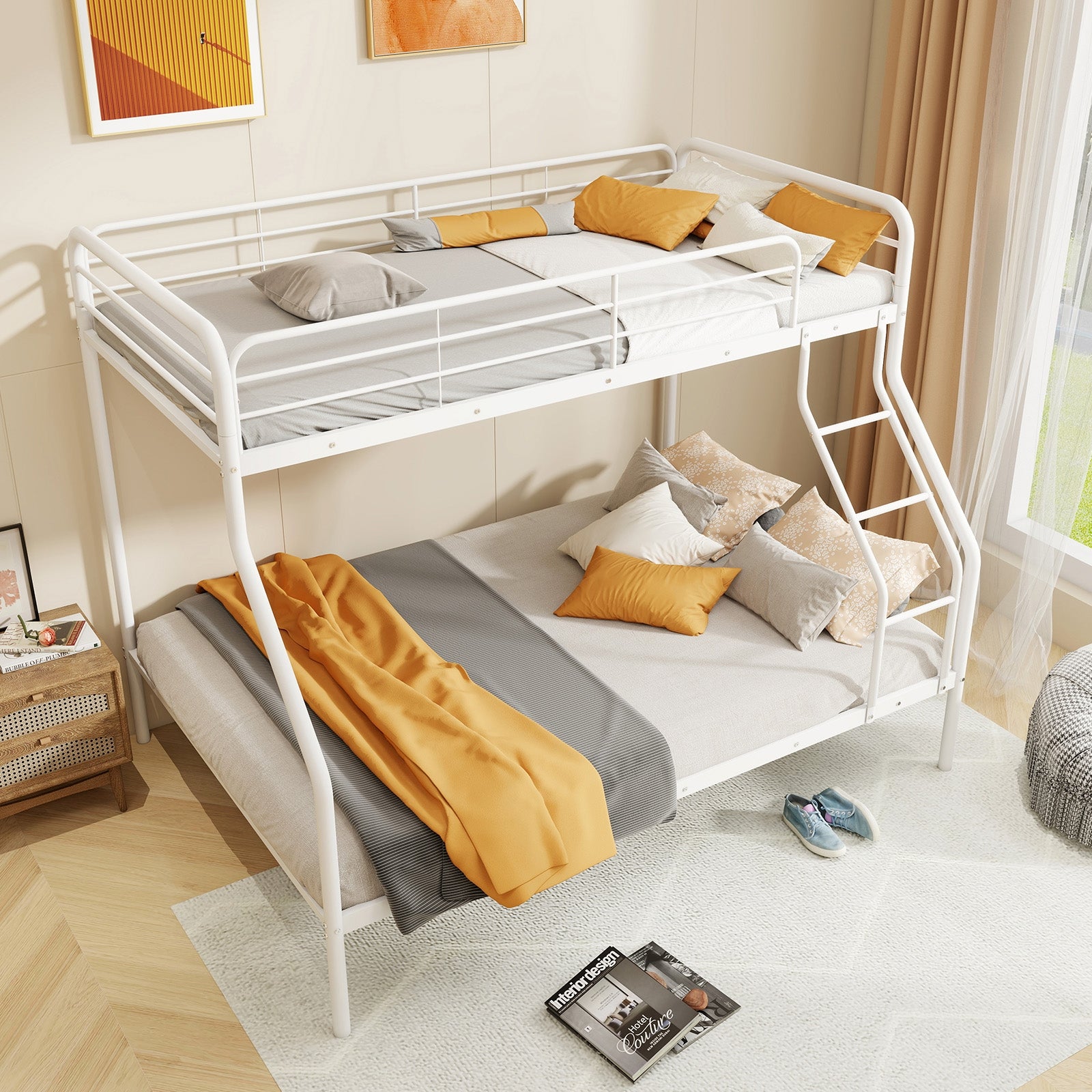 Twin Over Full Bunk Bed, With Ladder And Guardrails, White Bunk Bed Frame at Gallery Canada