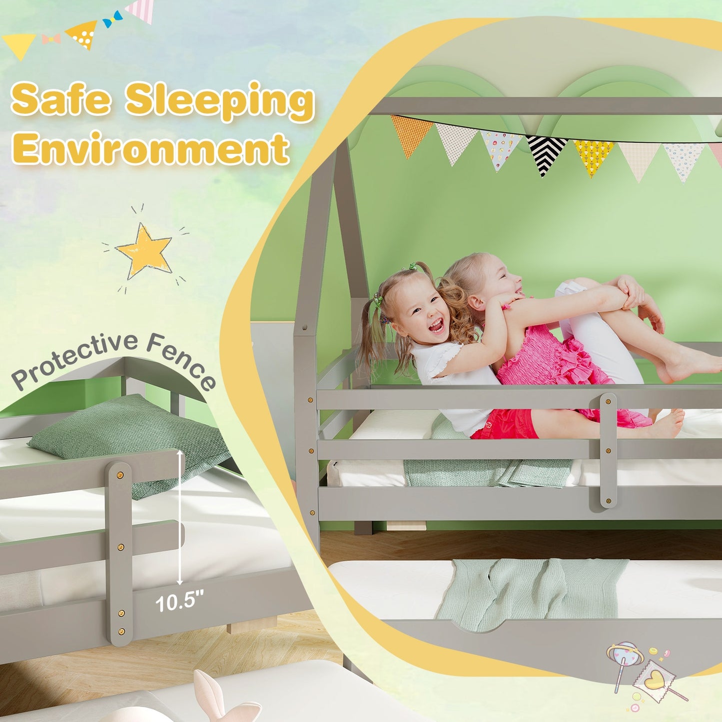 Twin House Bed with Trundle and Fence Rail, Gray Trundle Bed Frame at Gallery Canada