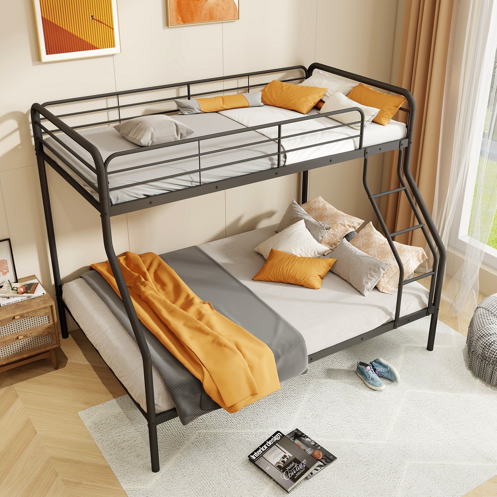 Twin Over Full Bunk Bed with Ladder and Full-length Guardrails, Black Bunk Bed Frame at Gallery Canada