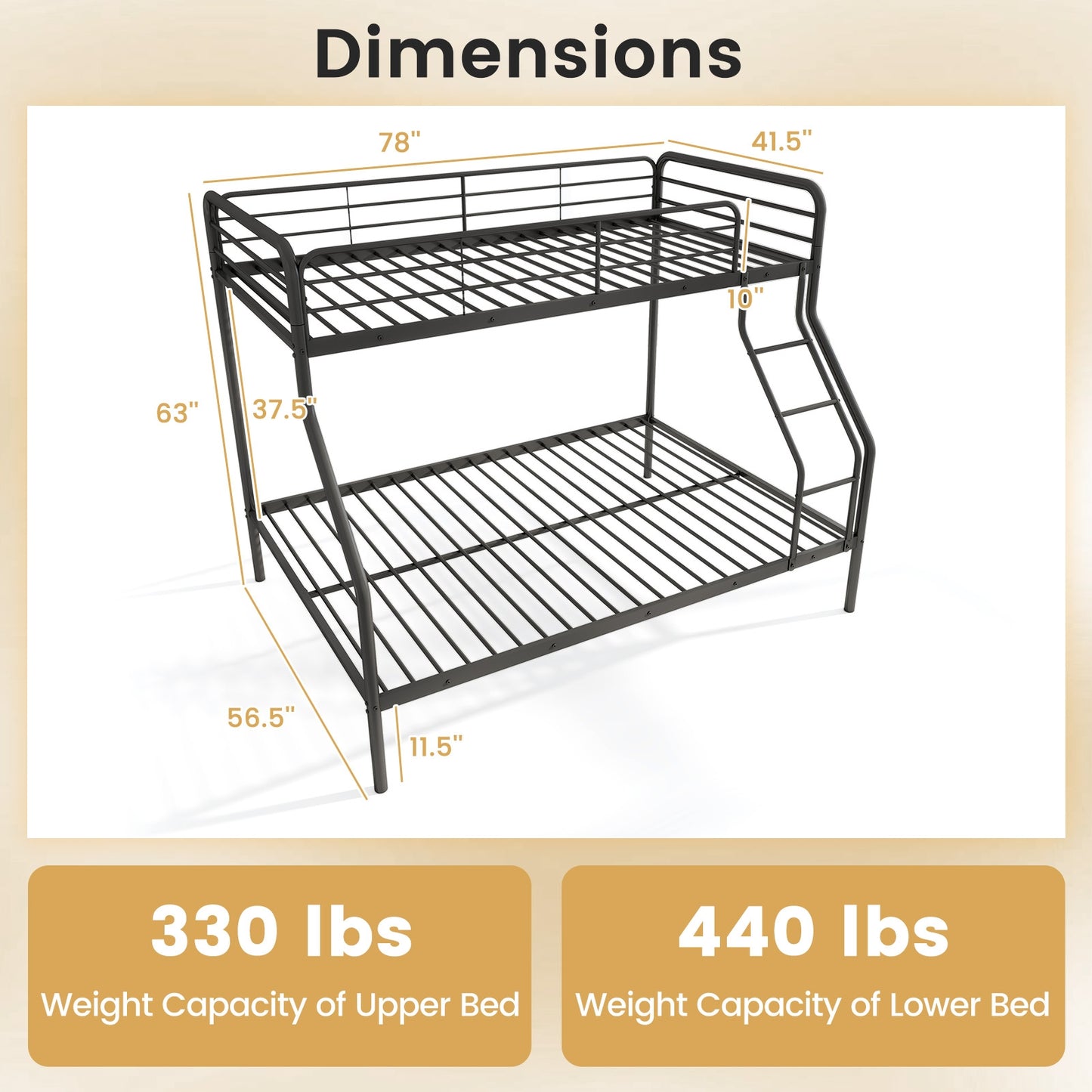 Twin Over Full Bunk Bed with Ladder and Full-length Guardrails, Black Bunk Bed Frame at Gallery Canada