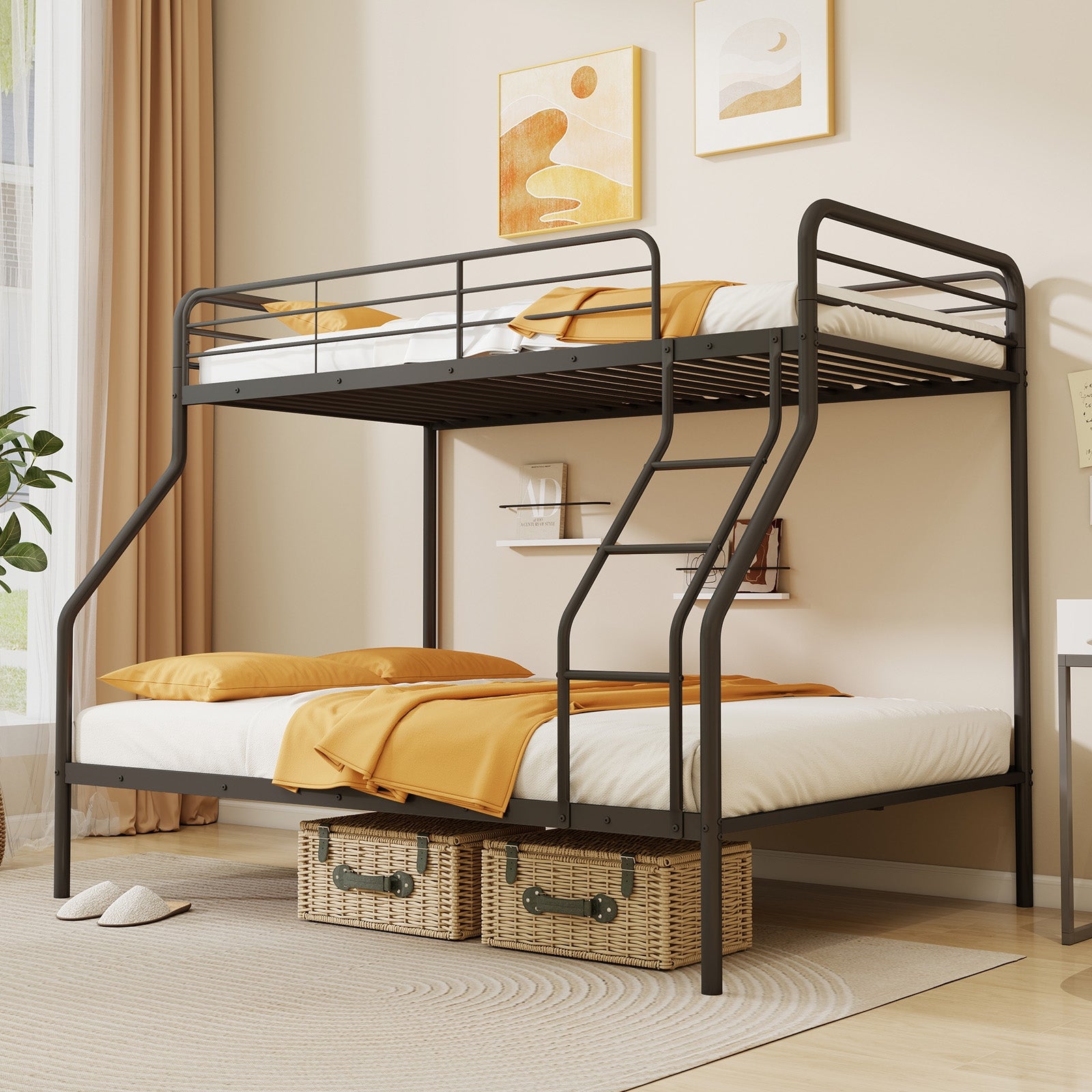 Twin Over Full Bunk Bed with Ladder and Full-length Guardrails, Black Bunk Bed Frame at Gallery Canada