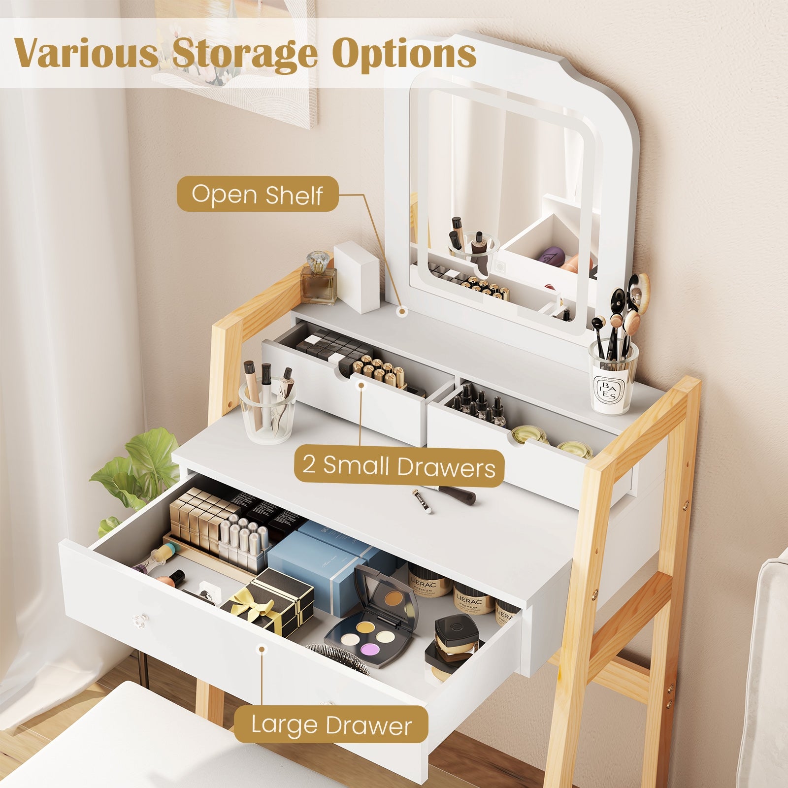 Adjustable Height Vanity Desk Set, LED Lighted Mirror, White Makeup Vanities at Gallery Canada