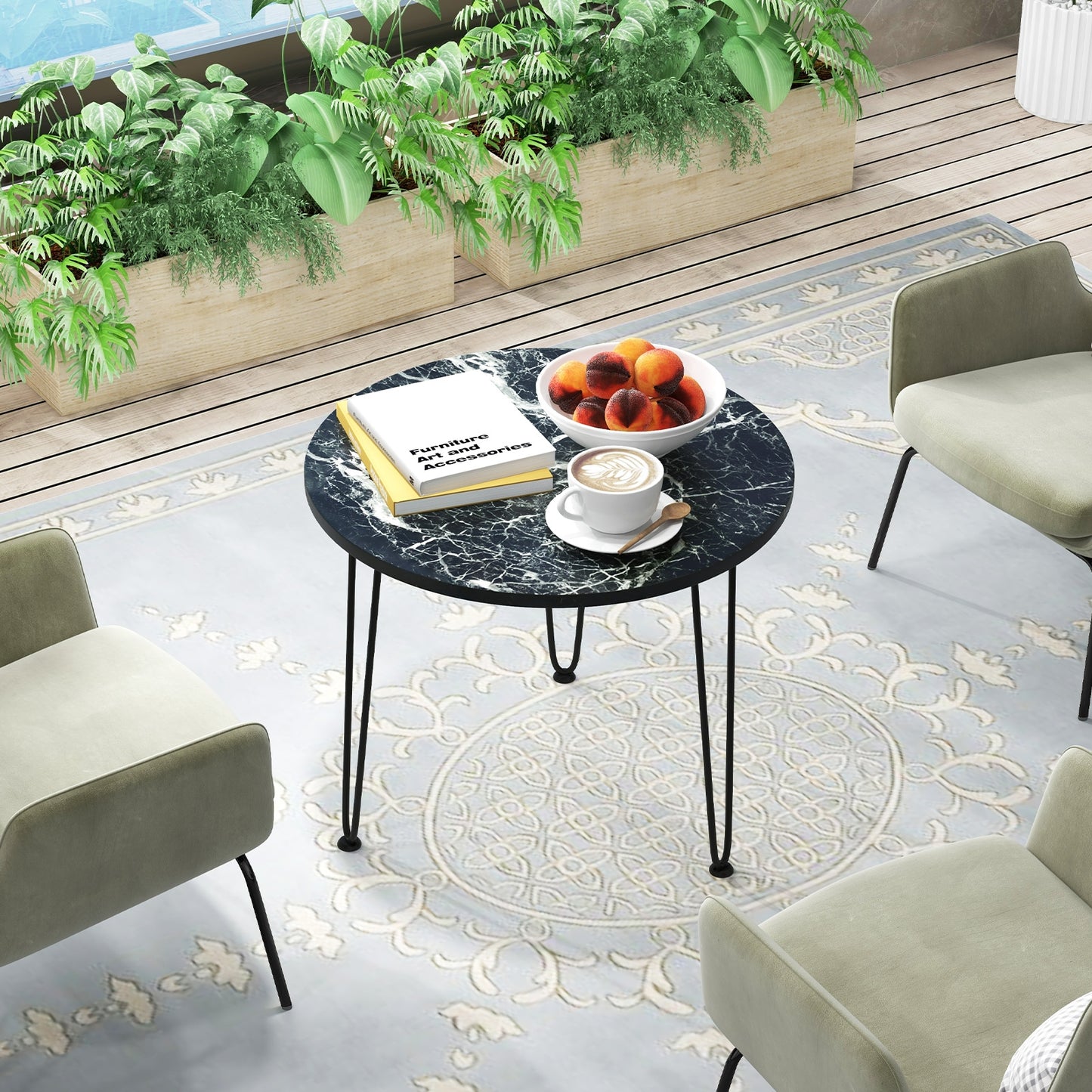 Round Coffee Table with Thickened Tabletop and Metal Tripod Legs, Black End & Side Tables at Gallery Canada
