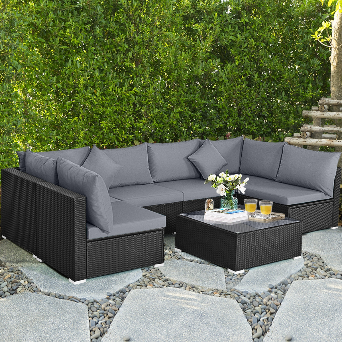 7 Pieces Sectional Wicker Furniture Sofa Set with Tempered Glass Top Coffee Table, Gray Outdoor Sectionals at Gallery Canada