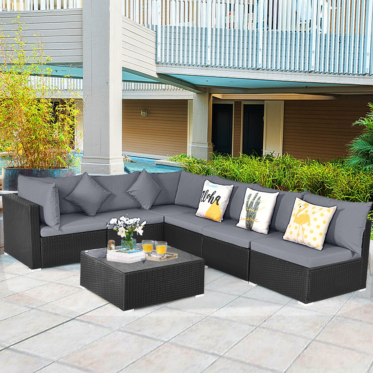 7 Pieces Sectional Wicker Furniture Sofa Set with Tempered Glass Top Coffee Table, Gray Outdoor Sectionals at Gallery Canada
