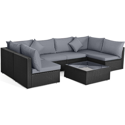 7 Pieces Sectional Wicker Furniture Sofa Set with Tempered Glass Top Coffee Table, Gray Outdoor Sectionals Gray at Gallery Canada
