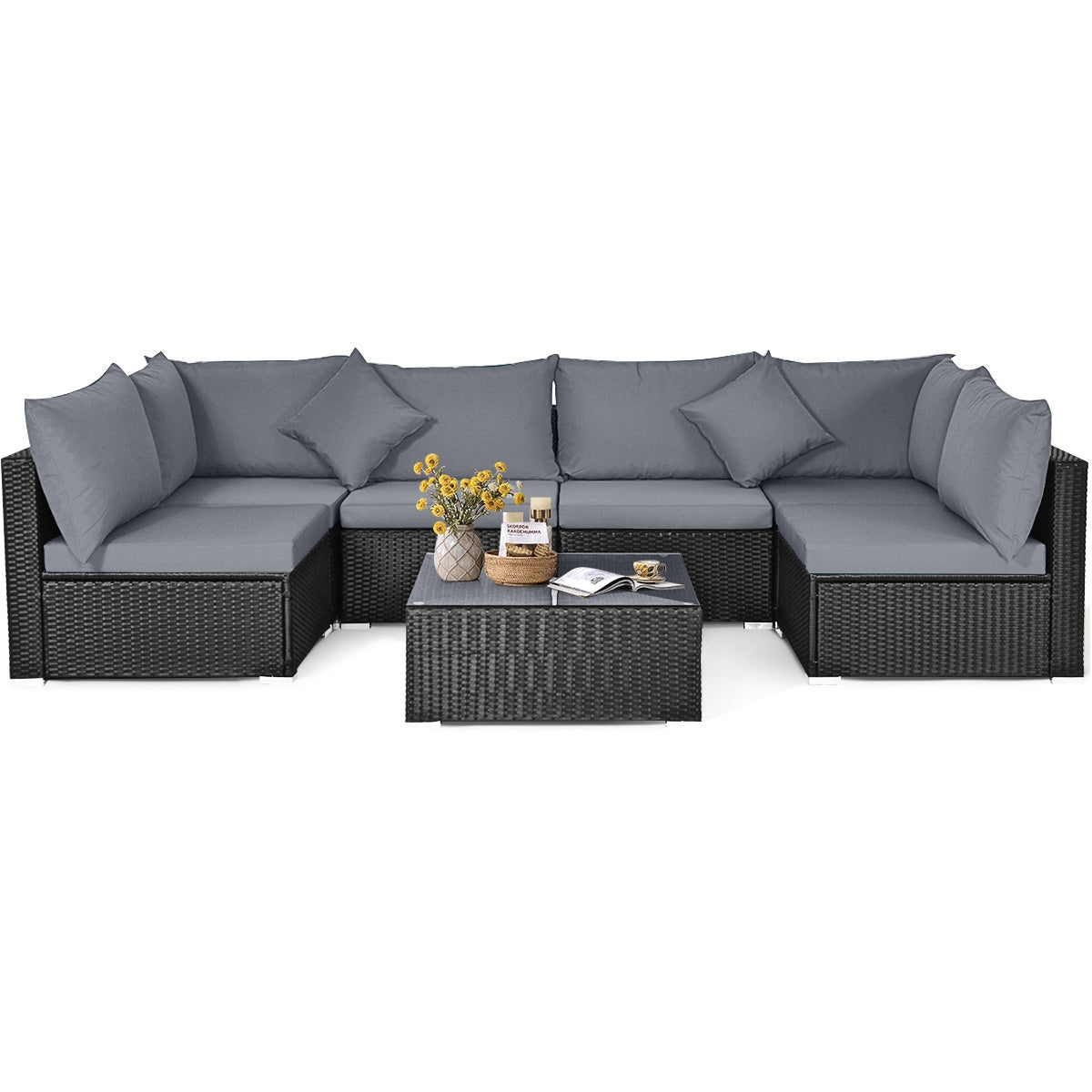 7 Pieces Sectional Wicker Furniture Sofa Set with Tempered Glass Top Coffee Table, Gray Outdoor Sectionals at Gallery Canada