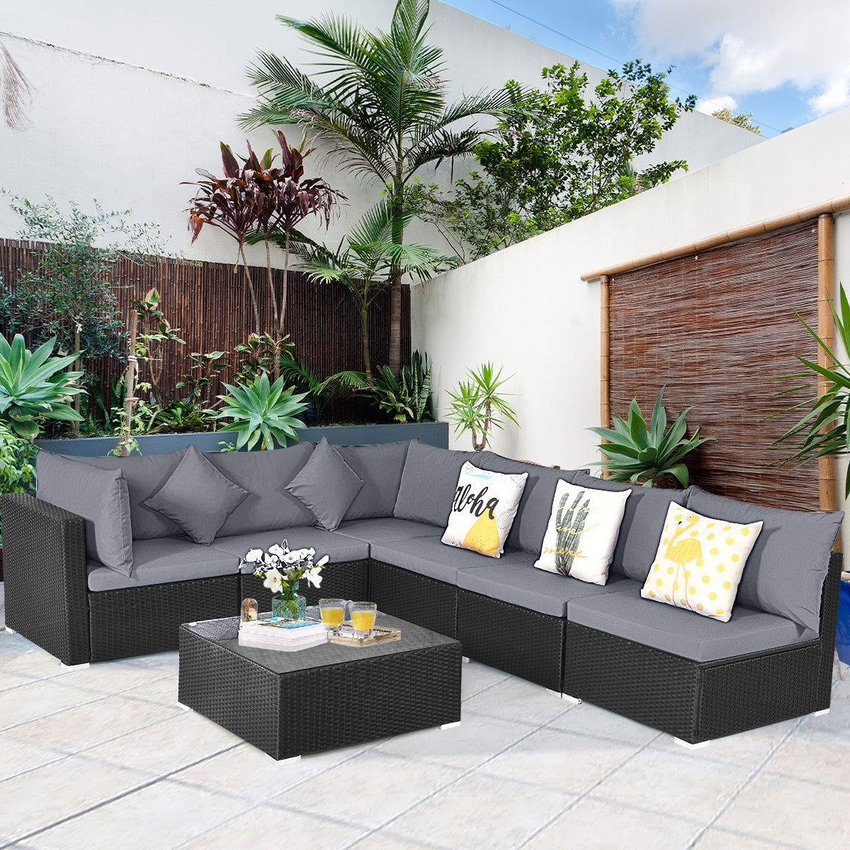 7 Pieces Sectional Wicker Furniture Sofa Set with Tempered Glass Top Coffee Table, Gray Outdoor Sectionals at Gallery Canada