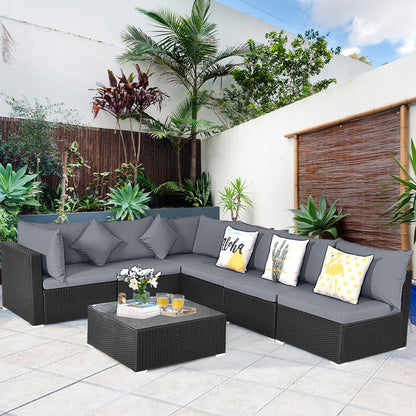 7 Pieces Sectional Wicker Furniture Sofa Set with Tempered Glass Top Coffee Table, Gray Outdoor Sectionals at Gallery Canada