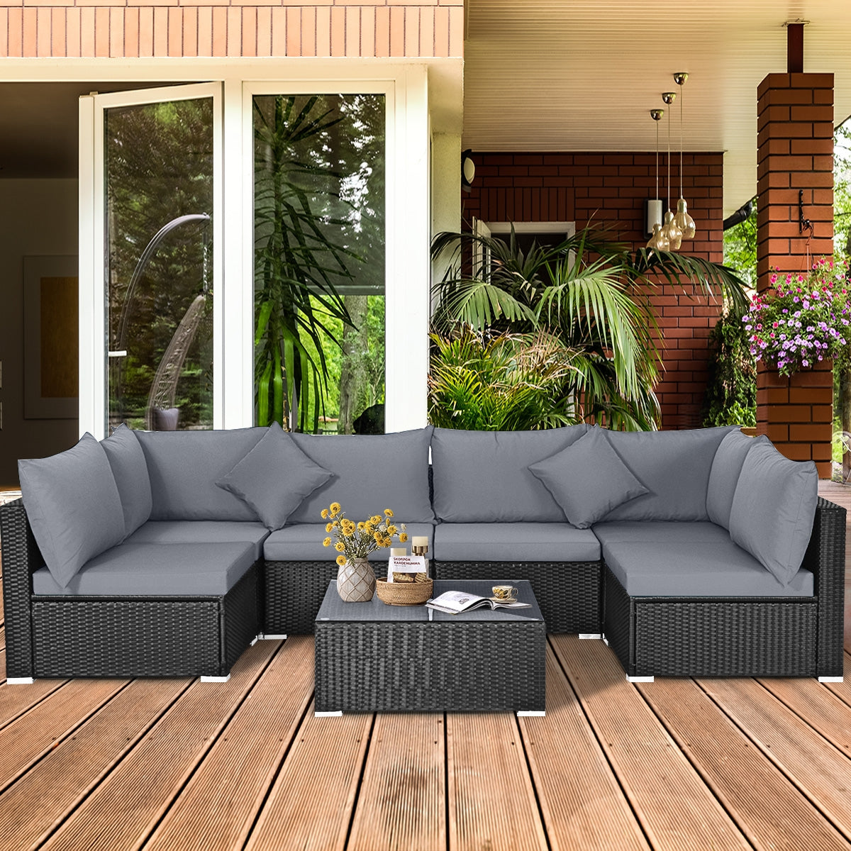 7 Pieces Sectional Wicker Furniture Sofa Set with Tempered Glass Top Coffee Table, Gray Outdoor Sectionals at Gallery Canada