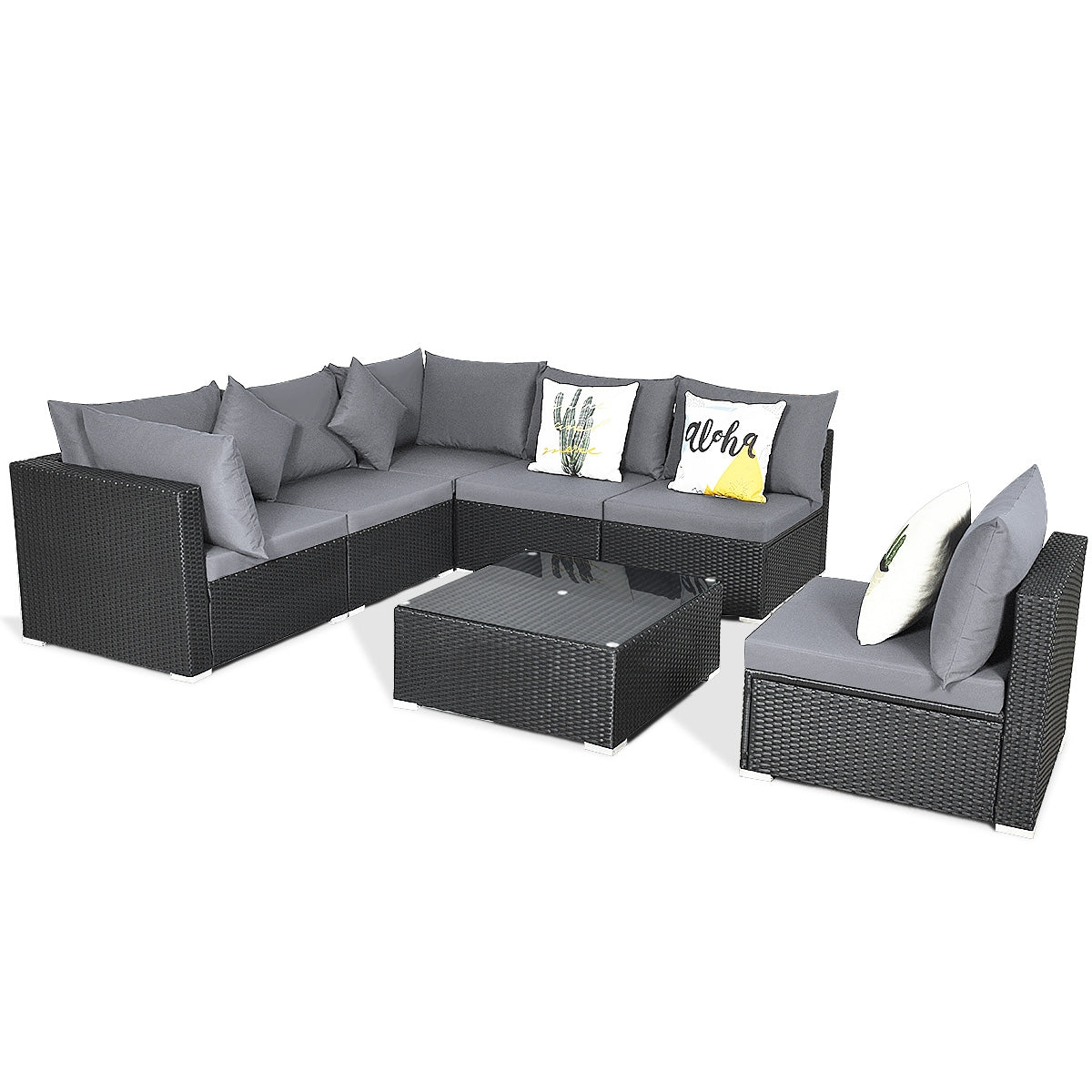 7 Pieces Sectional Wicker Furniture Sofa Set with Tempered Glass Top Coffee Table, Gray Outdoor Sectionals at Gallery Canada