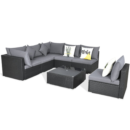 7 Pieces Sectional Wicker Furniture Sofa Set with Tempered Glass Top Coffee Table, Gray Outdoor Sectionals at Gallery Canada