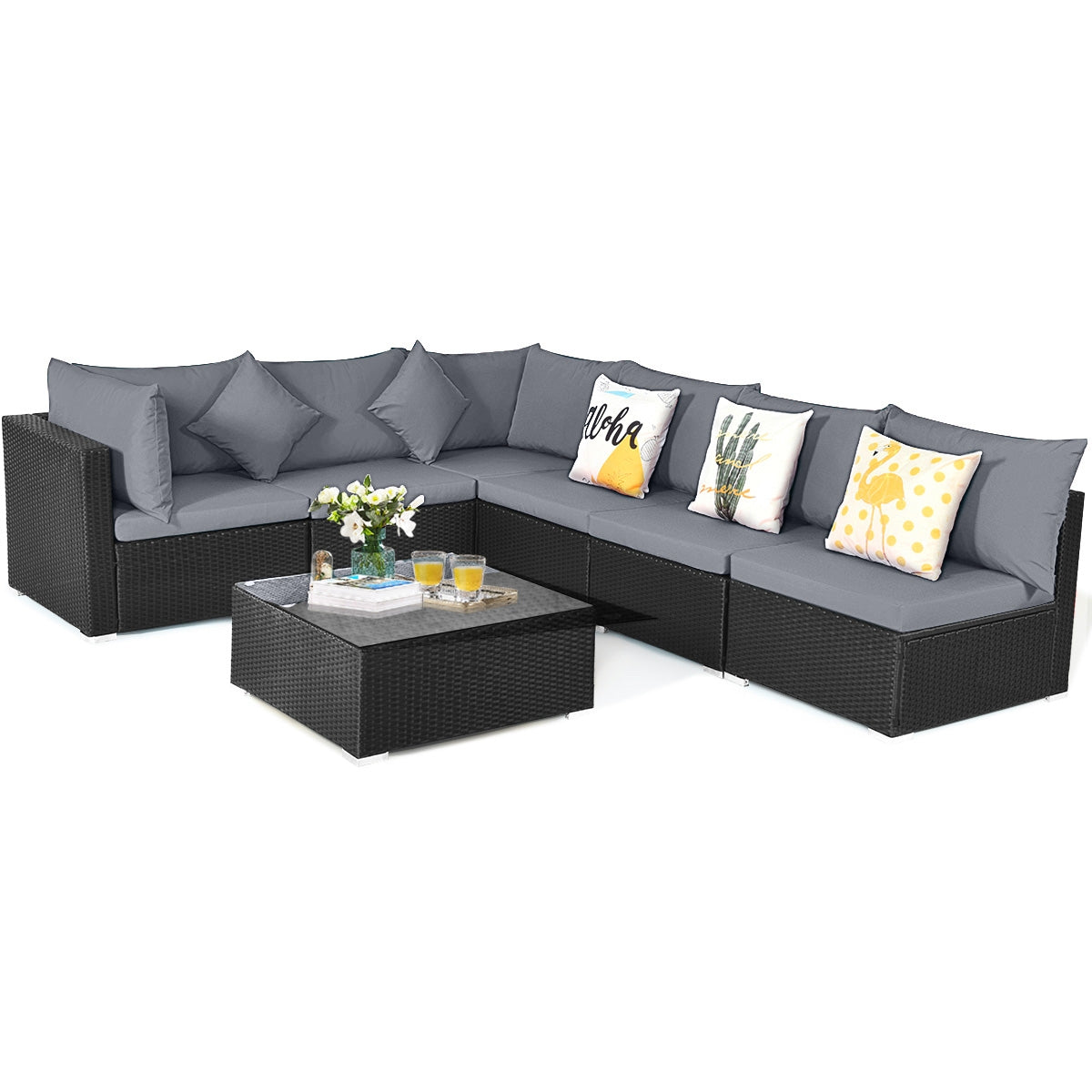 7 Pieces Sectional Wicker Furniture Sofa Set with Tempered Glass Top Coffee Table, Gray Outdoor Sectionals at Gallery Canada