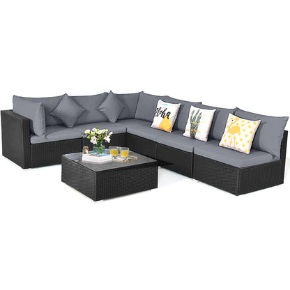 7 Pieces Sectional Wicker Furniture Sofa Set with Tempered Glass Top Coffee Table, Gray Outdoor Sectionals at Gallery Canada