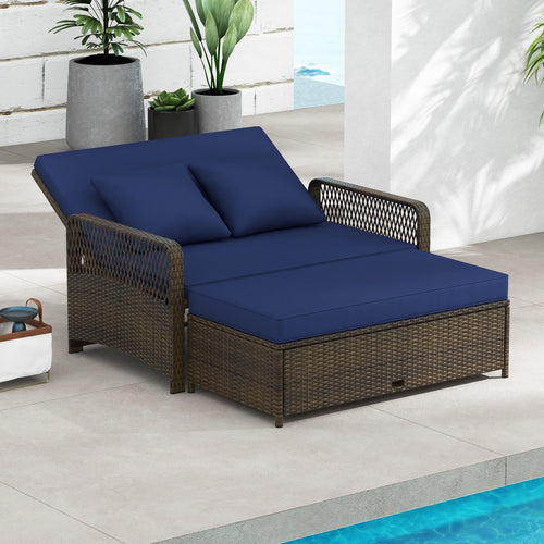 Patio Adjustable Wicker Daybed with 4-Level Backrest and Soft Cushions, Navy